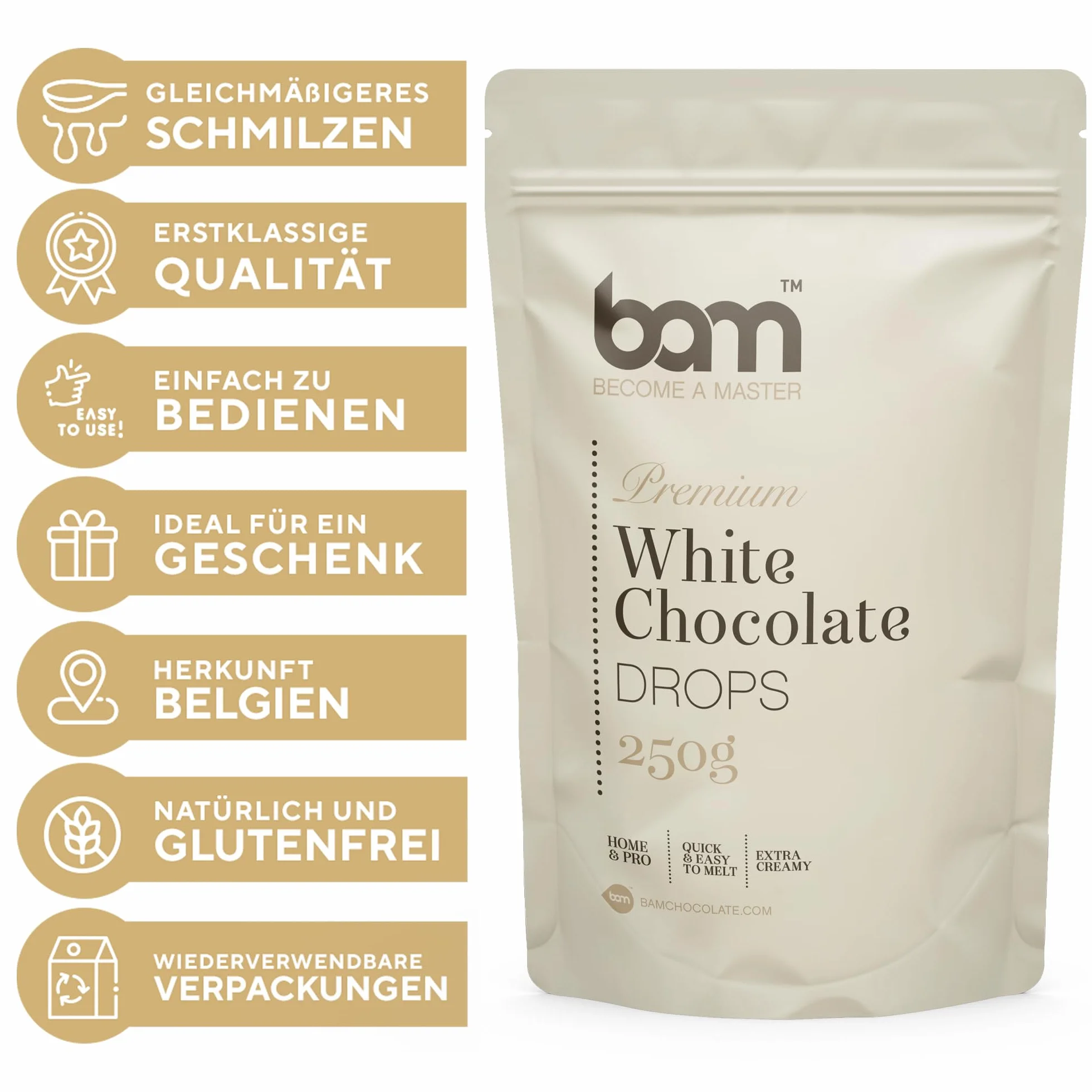 BAM Premium białe czekoladowe krople, Callets, Chipsy do topienia, 250 g