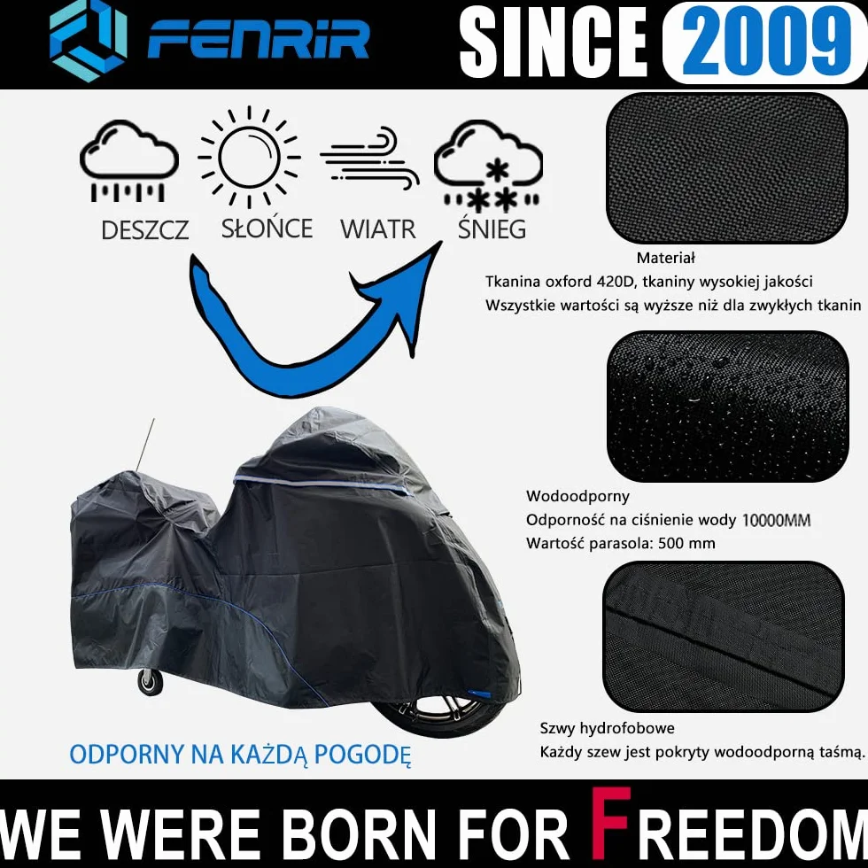 FENRIR 275CM 420D Plandeki i pokrowce na motocykle wodoodporny ochraniać kompatybilny z BMW K1600GTL R18 Honda Gold Wing Tour Indian Pursuit Roadmaster Harley Street Glide Road Glide Ultra Limited