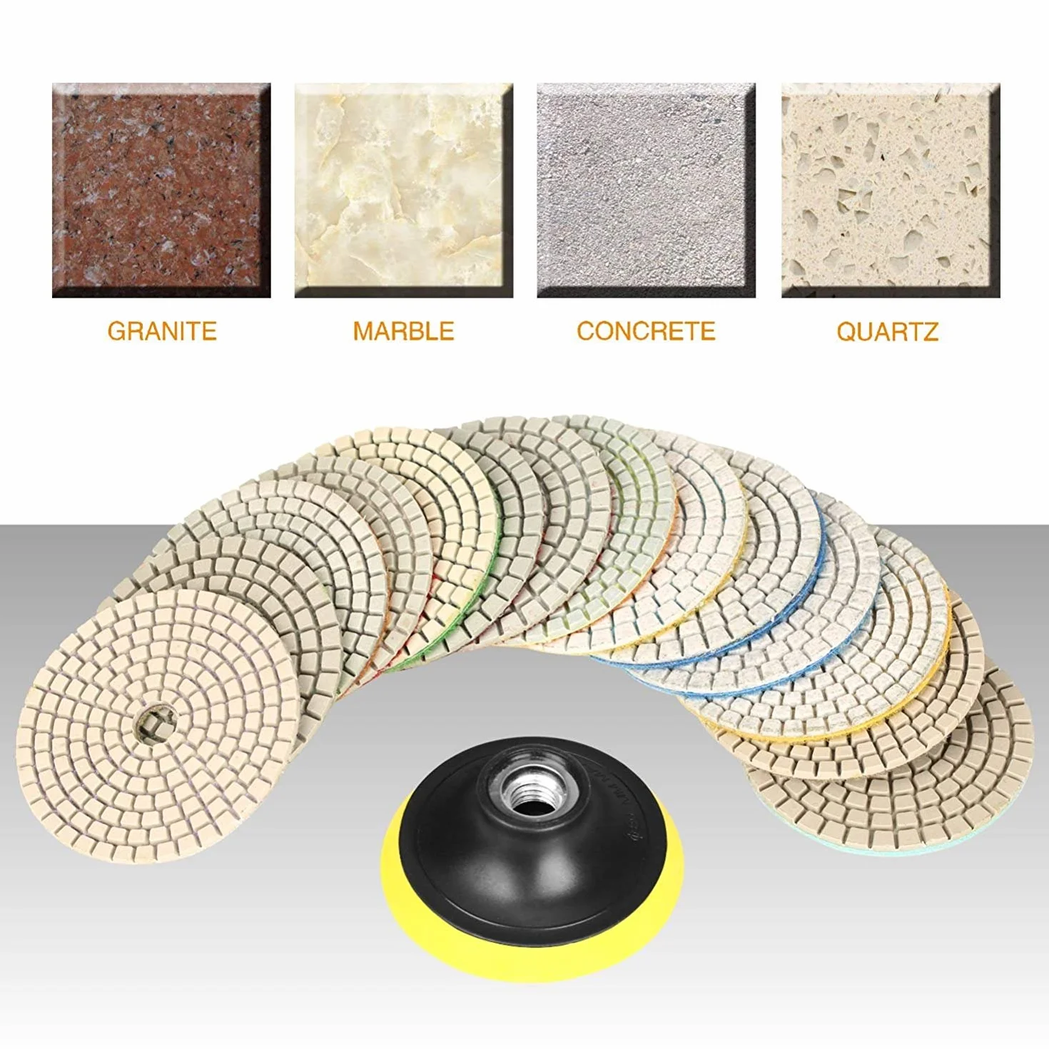 SPTA 15 szt. Zestaw diamentowych podkładek do polerowania na mokro, 4-calowe (10 cm) podkładki do granitu, betonu, marmuru, szlifierki podłogowej lub polerki, 50#-6000# z podkładką mocującą na rzep