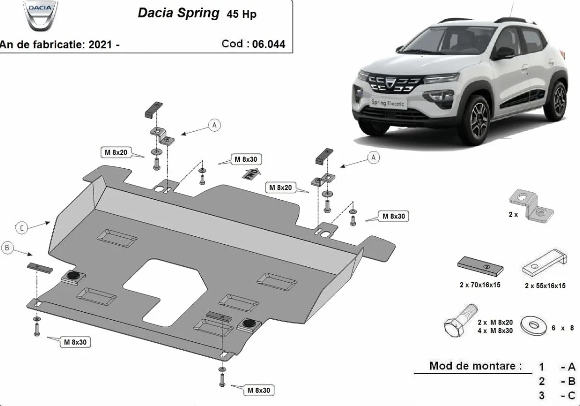 osłona metalowa pod silnikiem, kompatybilna z Dacia Spring – (2021–2025)