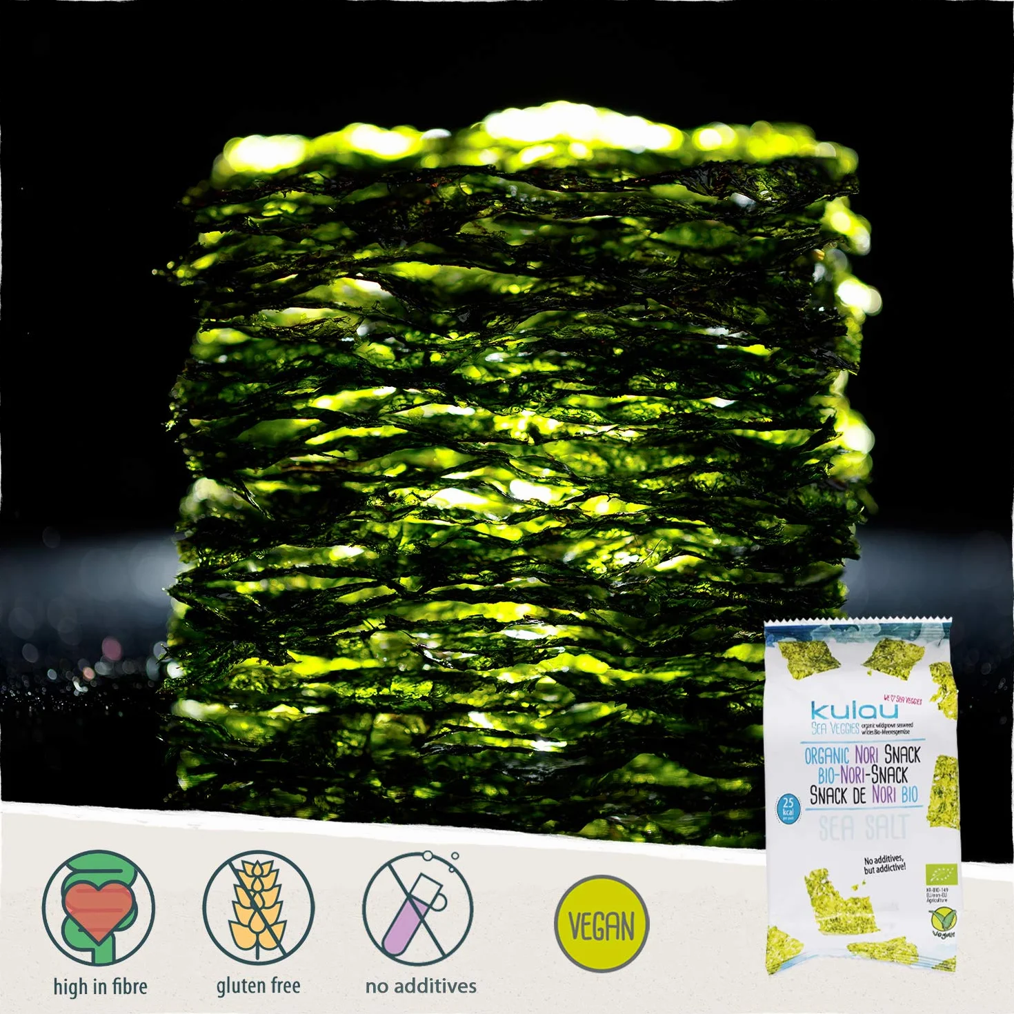 KULAU Bio Nori przekąska 16 x 4 g, chipsy z palonych liści alg nori z naturalną solą morską bez sztucznych dodatków