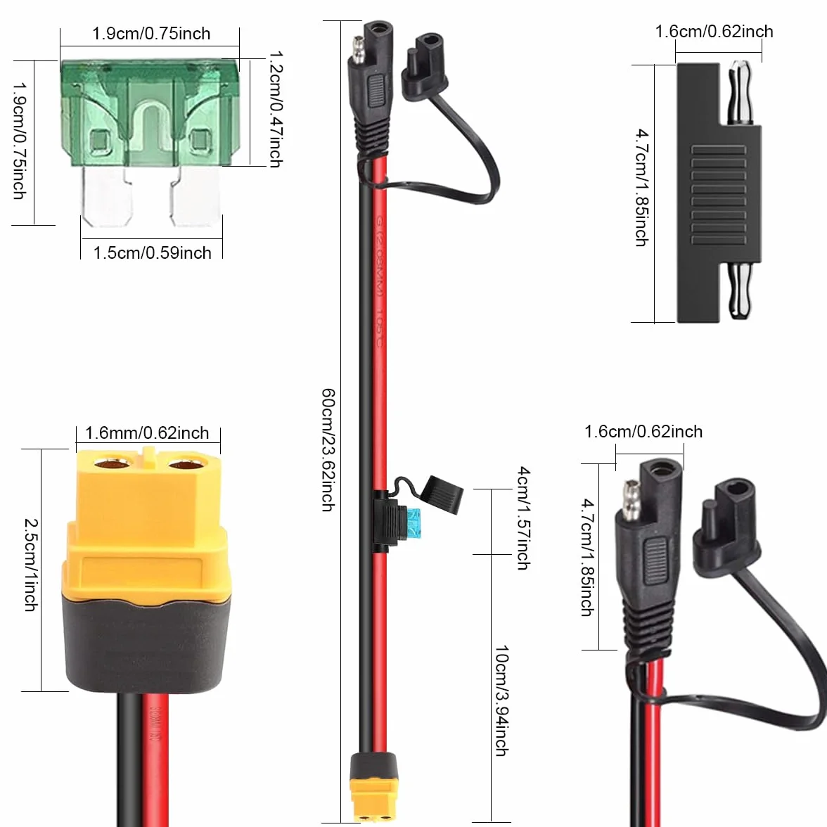 Kabel przedłużający XT60 do SAE 10AWG SAE do żeńskiego kabla panelu słonecznego XT60, z bezpiecznikiem do przenośnej elektrowni solarnej (2 stopy)
