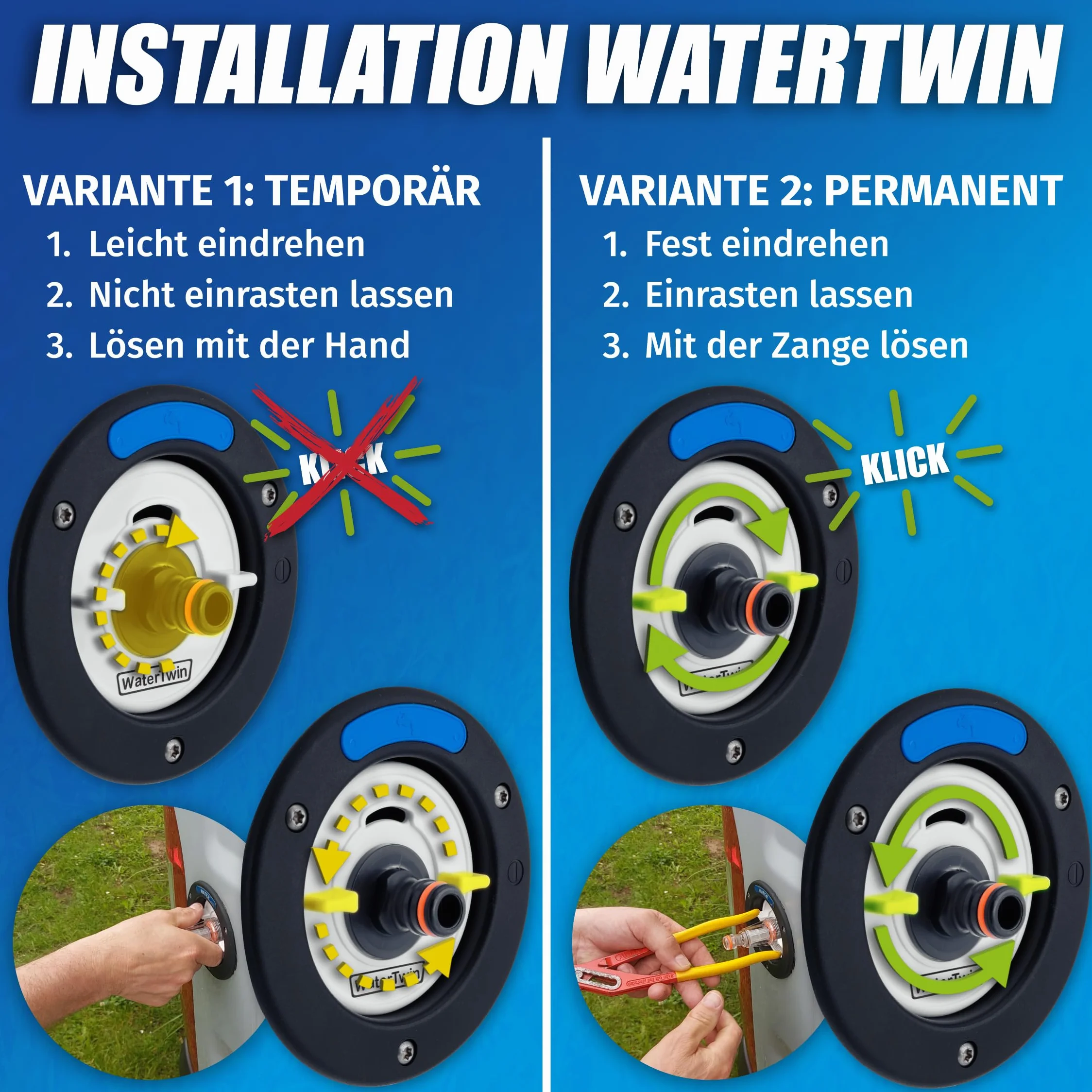 MaJoCompTec WATERTWIN adapter do napełniania wodą, adapter do zbiornika kompatybilny z przyłączem Gardena, akcesoria do pokrywy wlewu paliwa, do przyczep kempingowych, króćców napełniania (adapter 3
