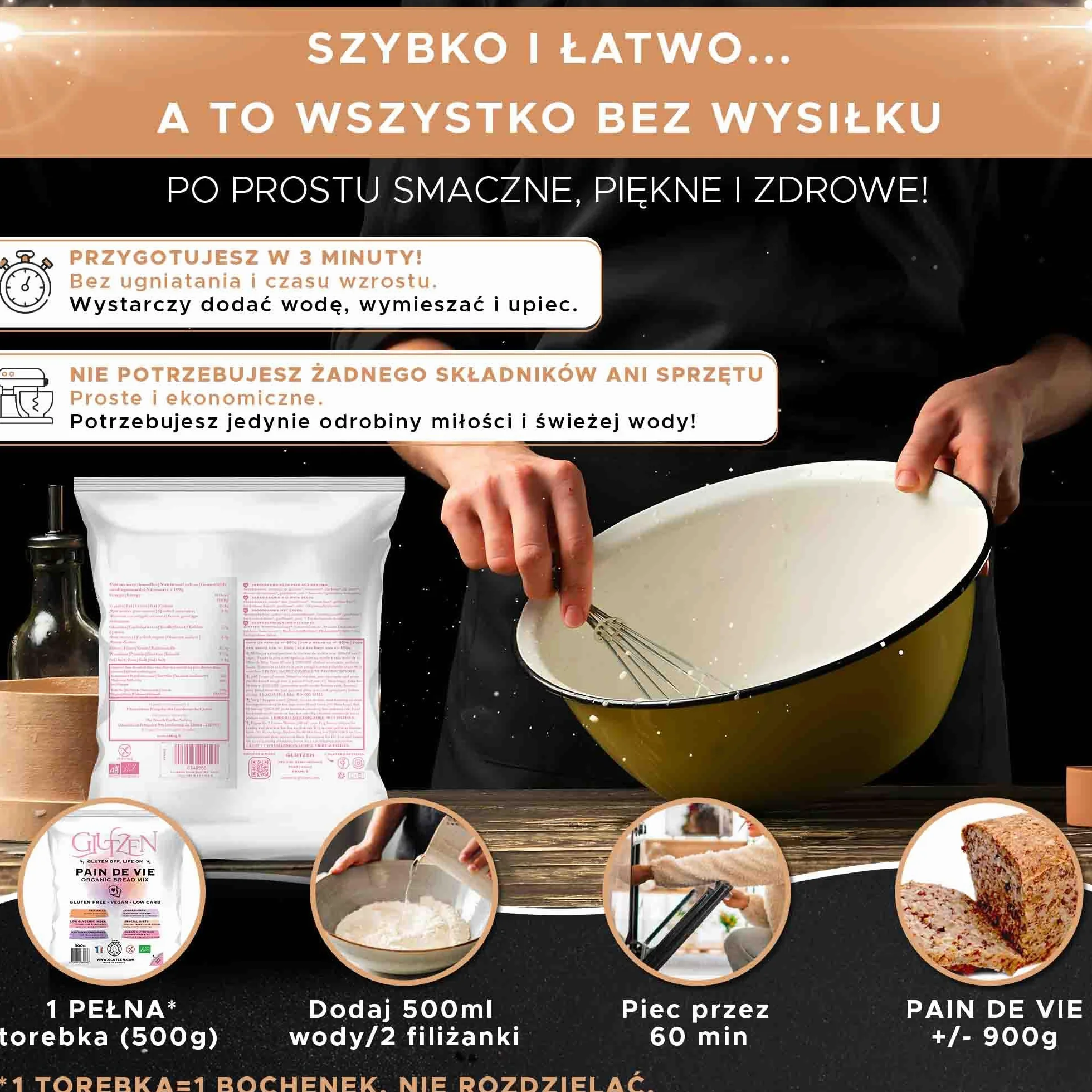 BIO GLUTZEN Bezglutenowa Mieszanka do Wypieku Chleba Bez Maszyny, Razowy Niskowęglowodanowy, Gotowy w 3 Min, Keto, Wegan
