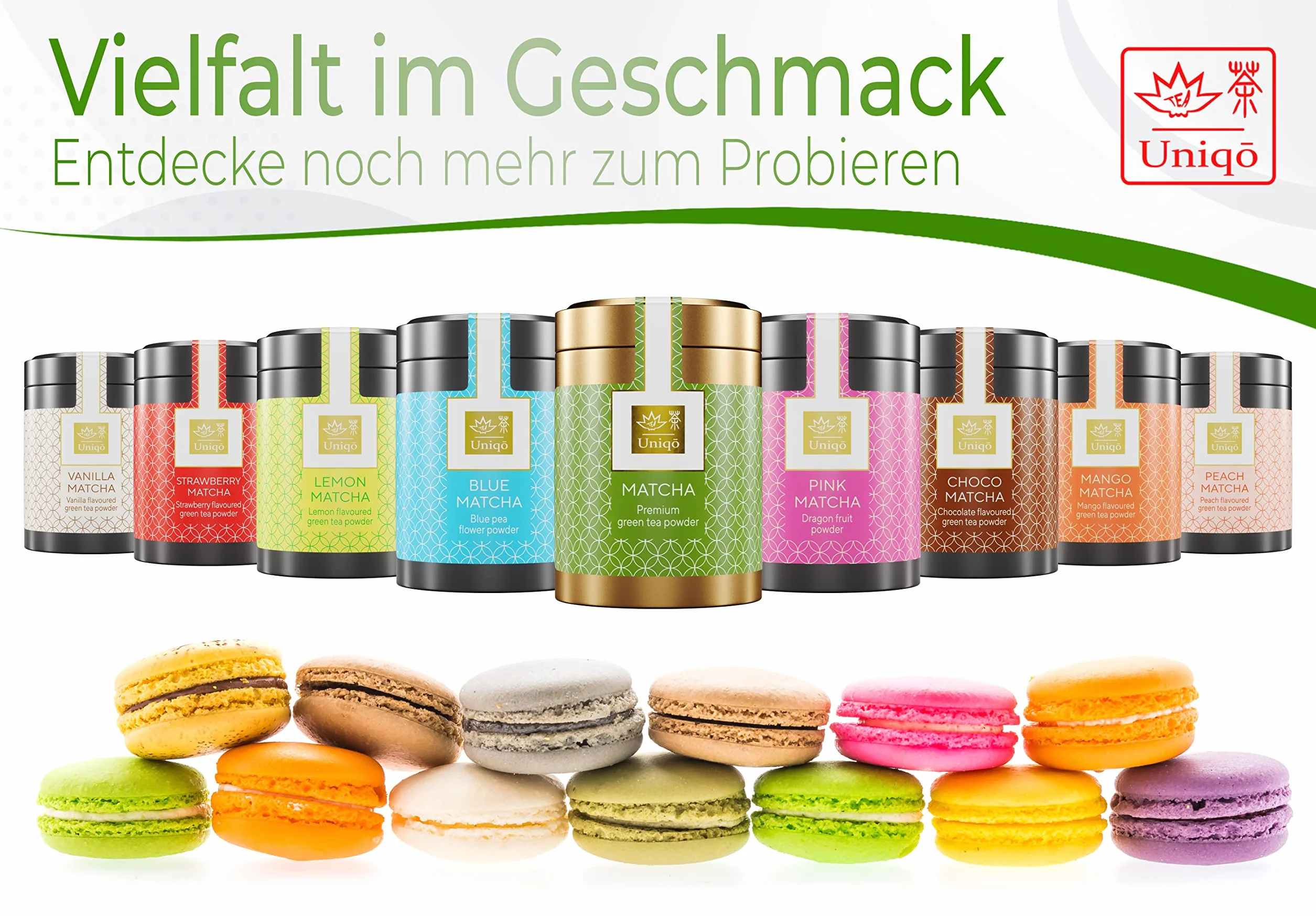 Tea Uniqo – Litchi matcha w proszku – idealny do Bubbletea, lodu lub smoothies – matcha latte w proszku o smaku liczi, bez sztucznych barwników w szlachetnej puszce