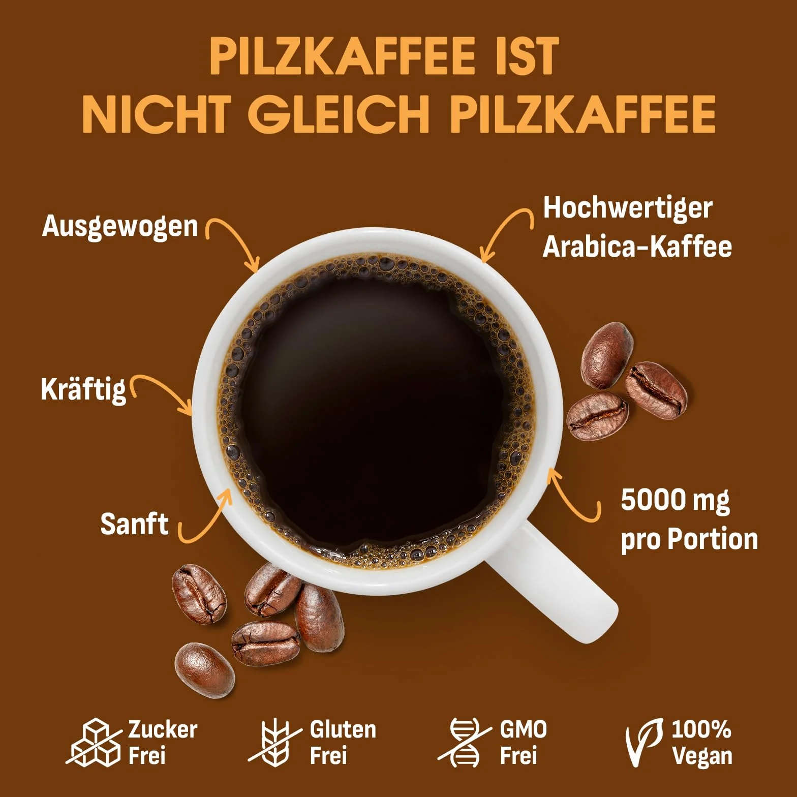 Kawa Grzybowa z Mieszanką Grzybów, Adaptogenami i Probiotykami, Instant Kawa Arabica z Lwią Grzywą, Chagą, Reishi i Cordycepsem, Ekstrakt z Grzybów w Proszku, 150 g