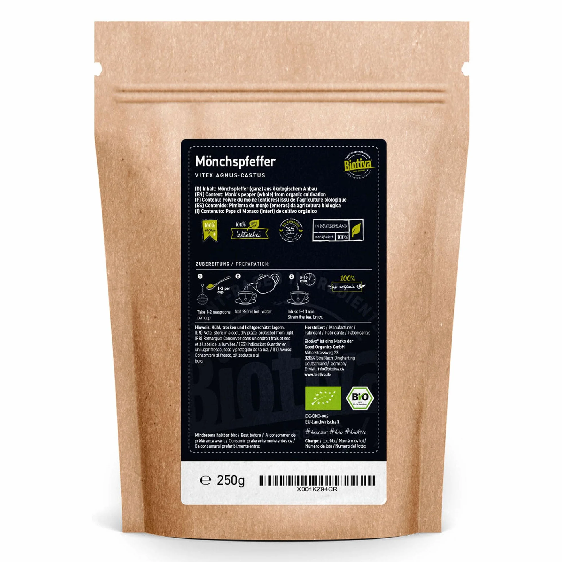 Biotiva Pieprz mnicha, całkowicie ekologiczny, 250 g, najczystszy błot dymny, bez dodatków, wegański, 100% bio, napełniony i kontrolowany w Niemczech