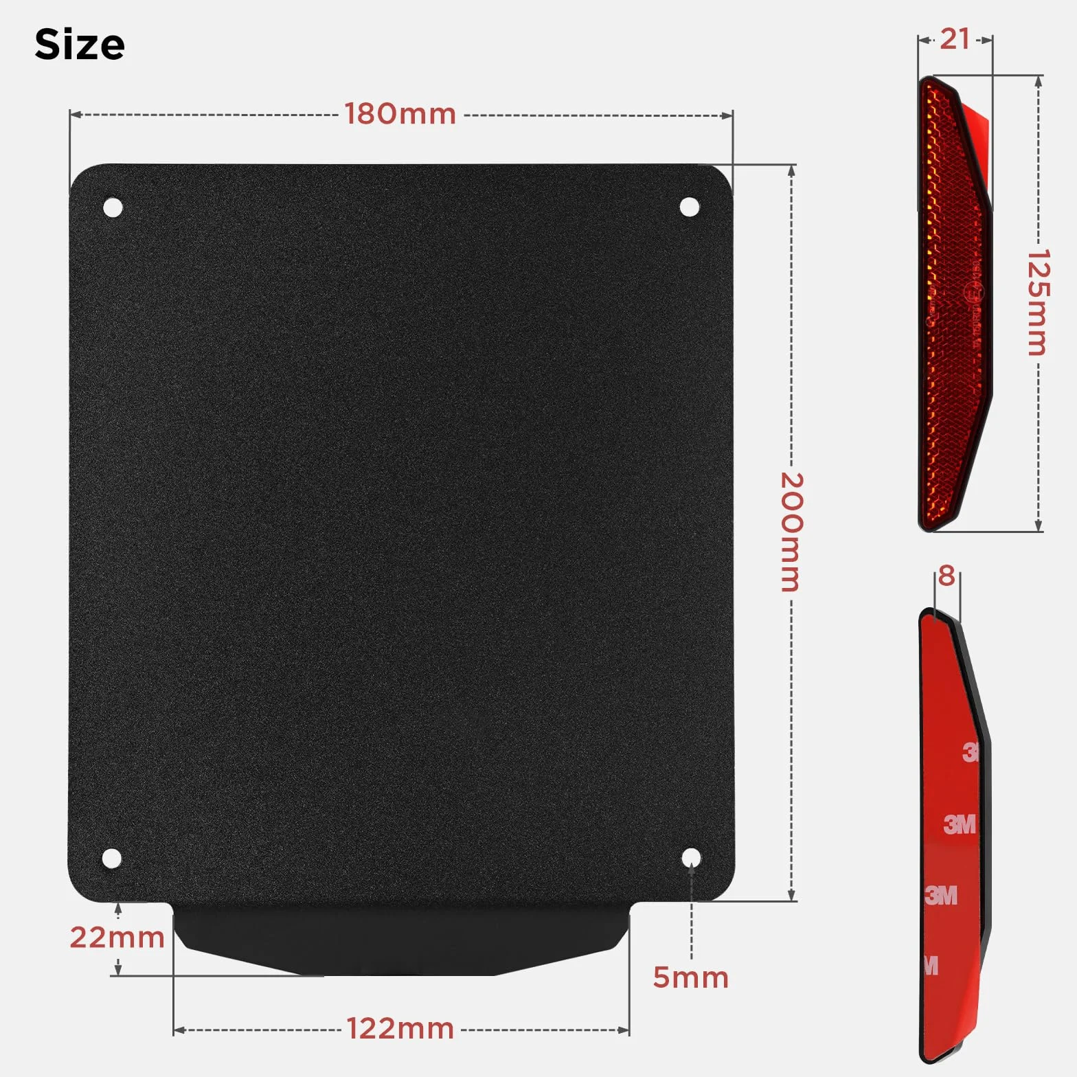 evermotor Uchwyt tablicy rejestracyjnej Moto 180x200mm, aluminiowa ramka na tablicę rejestracyjną motocykla, z tylnymi odblaskowymi kocimi oczami 125 mm 150°