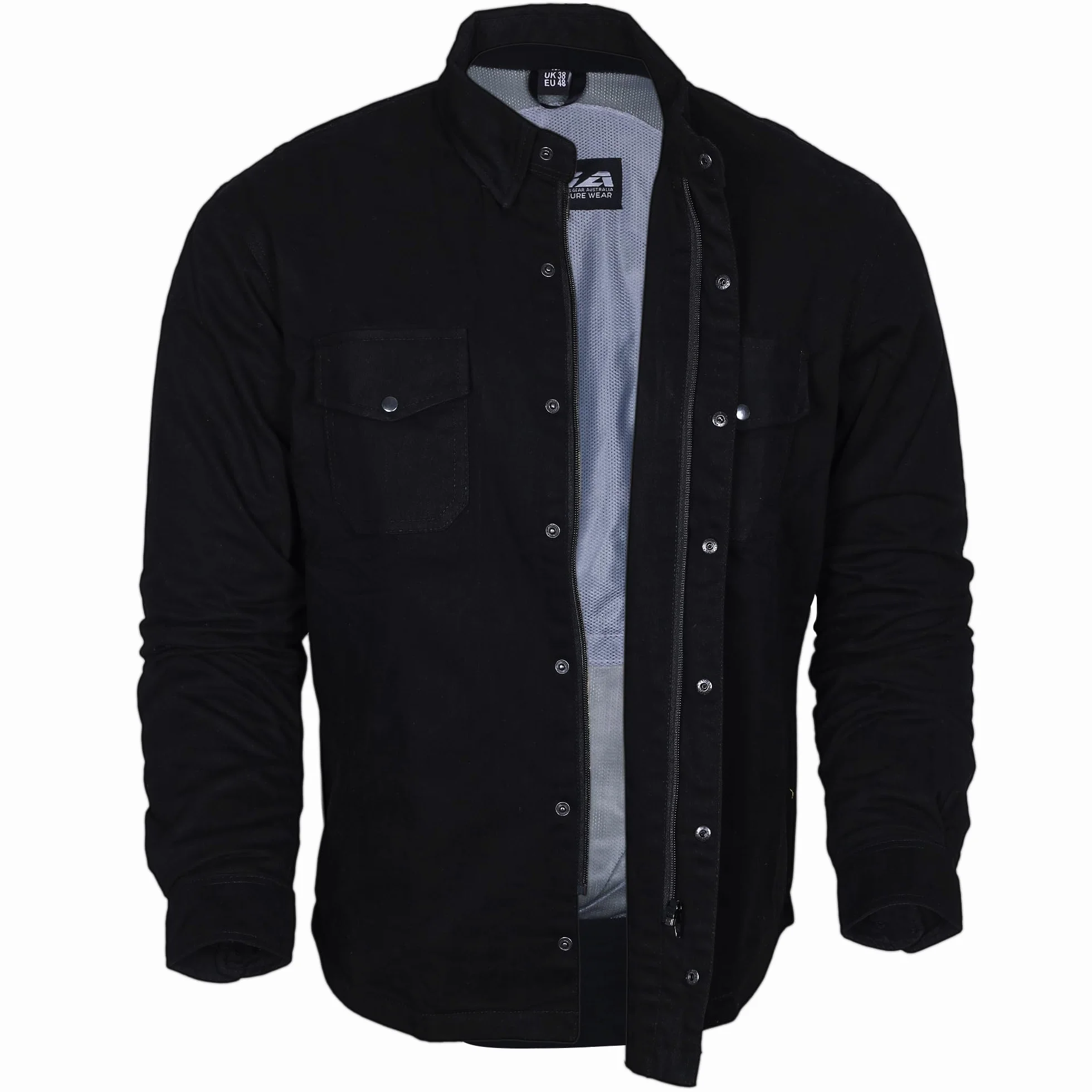 Bikers Gear Australia Motocykl Kevlar Aramid Podszewka Ochronna Koszula Flanelowa Jednolita Czarna Z CE 1621-1 Zdejmowana Zbroja Rozmiar L