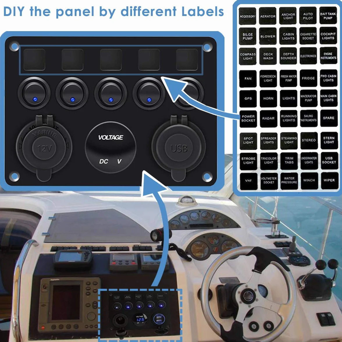 Panel przełącznikowy 12 V/24 V, z przyłączem USB 4,2 A + zapalniczka + wyświetlacz woltomierza, wodoszczelność IP65, przełącznik dźwigienkowy wł./wył. do samochodu, łodzi, samochodów ciężarowych, obwodów sterowania