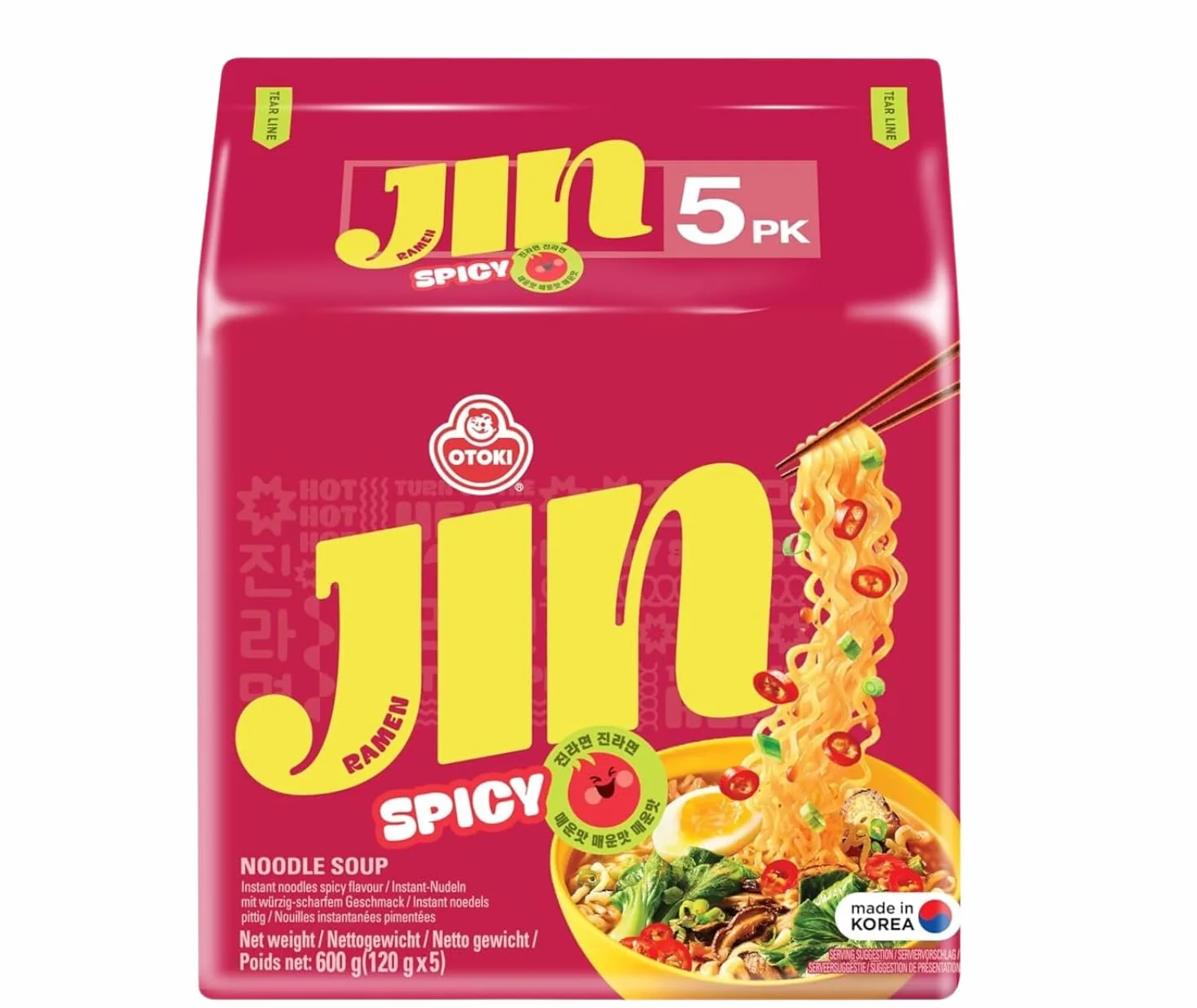 Ottogi Jin Ramen Spicy 5 szt. - makaron instant, ostry, autentyczny, koreański, 5 x 120 g, OG ASIA - 600 g
