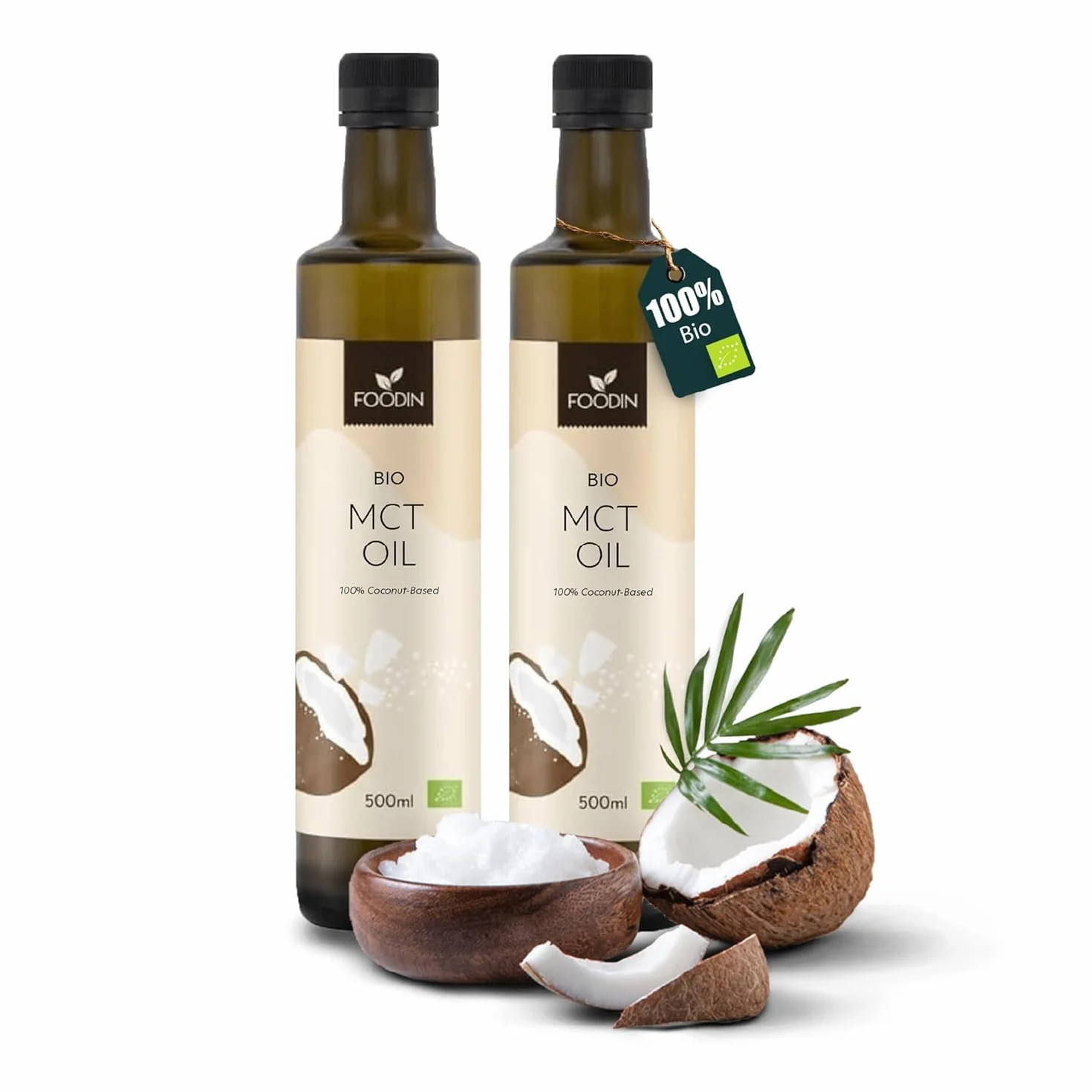 FOODIN Ekologiczny Olej MCT z Kokosa 1000 ml (2 x 500 ml) – 100% C8 i C10 Średniołańcuchowe Kwasy Tłuszczowe, Bezzapachowy i Bezsmakowy, Keto, Wegański, Bezglutenowy