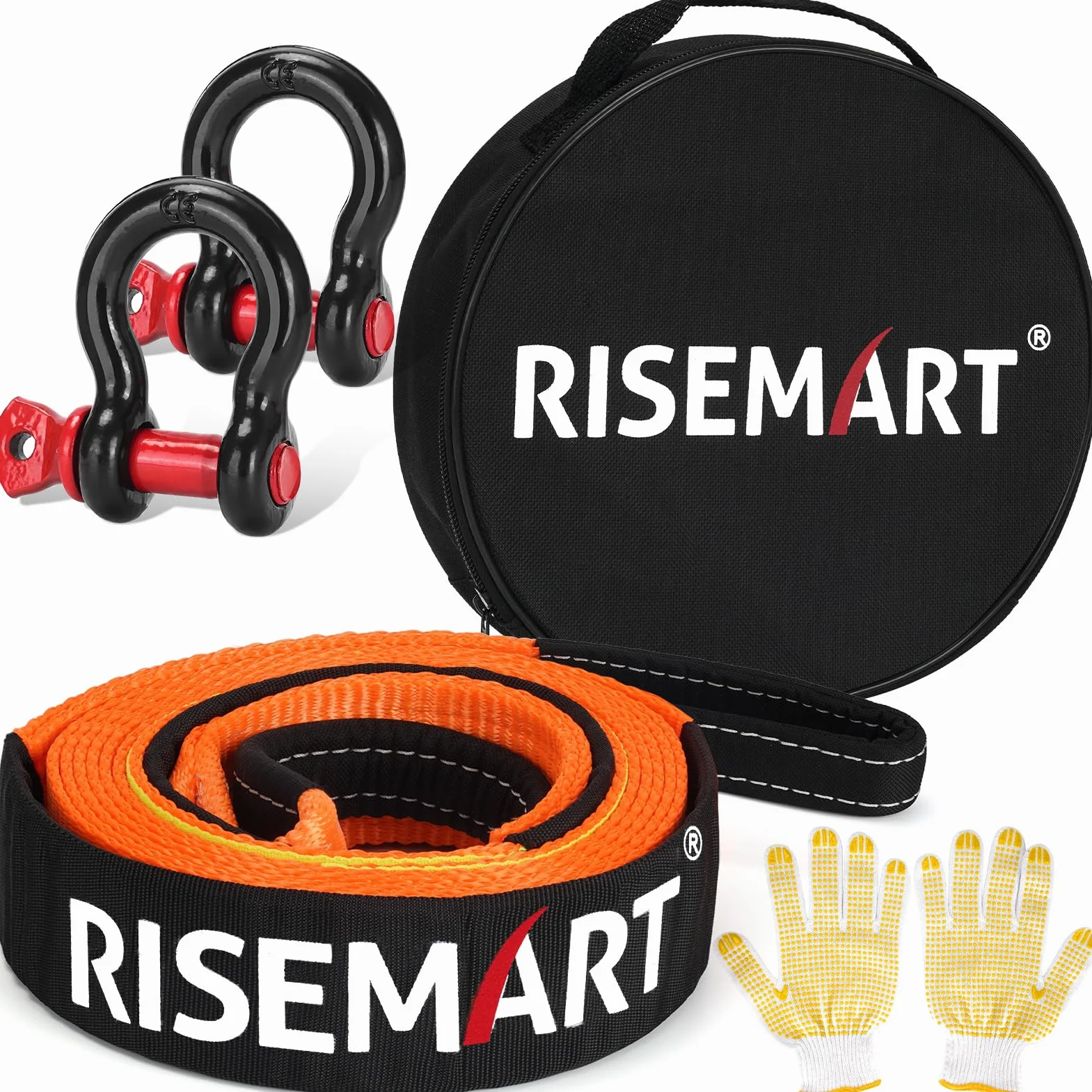 RISEMART Zestaw lin holowniczych 10 ton (22046 funtów), 5M x 5CM lina holownicza do samochodów osobowych z mocnymi okucia i 2 rękawicami do odzysku w terenie
