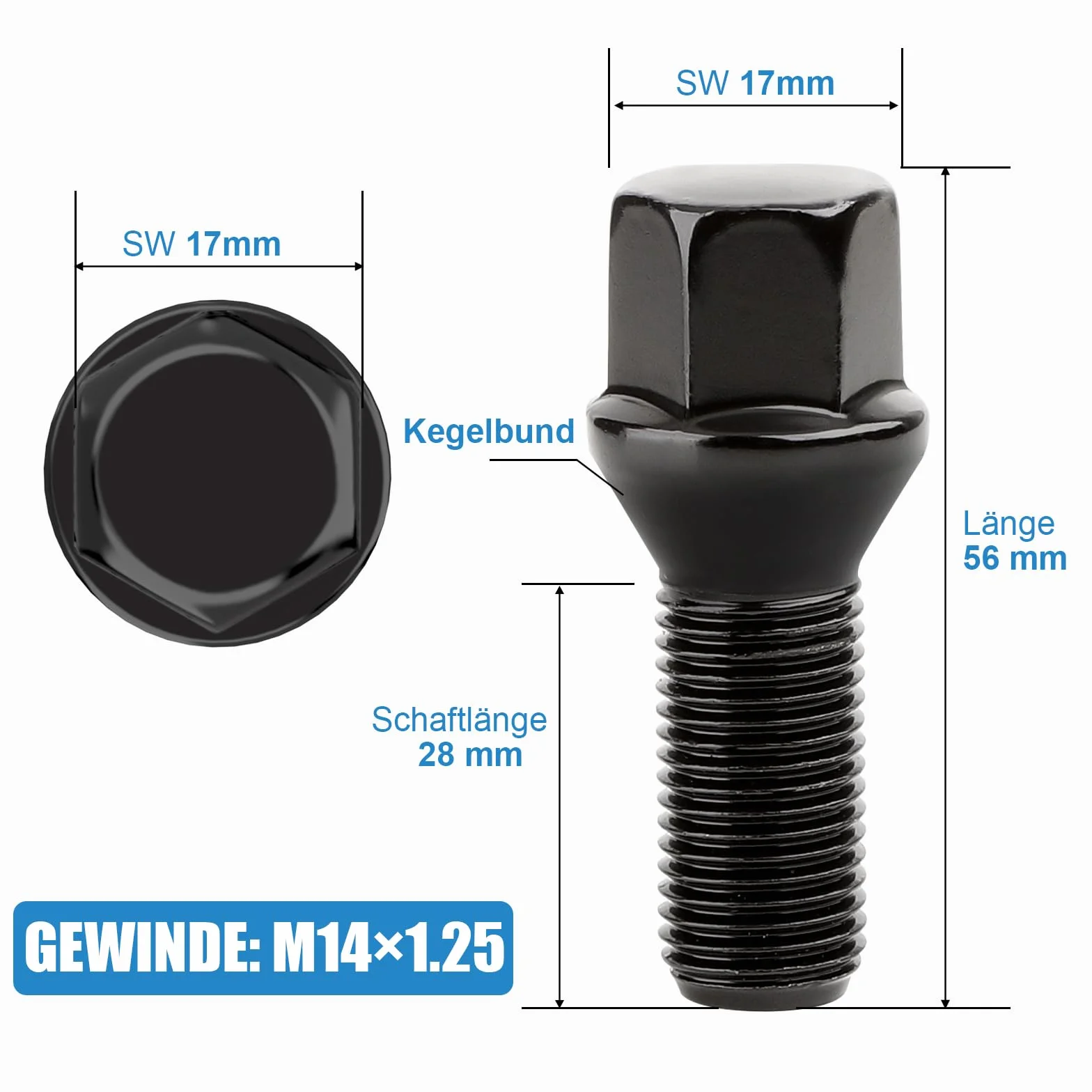 Komplet 20 śrub koła – M12x1,25x28mm – Łeb stożkowy 60° klucz 17mm – BMW