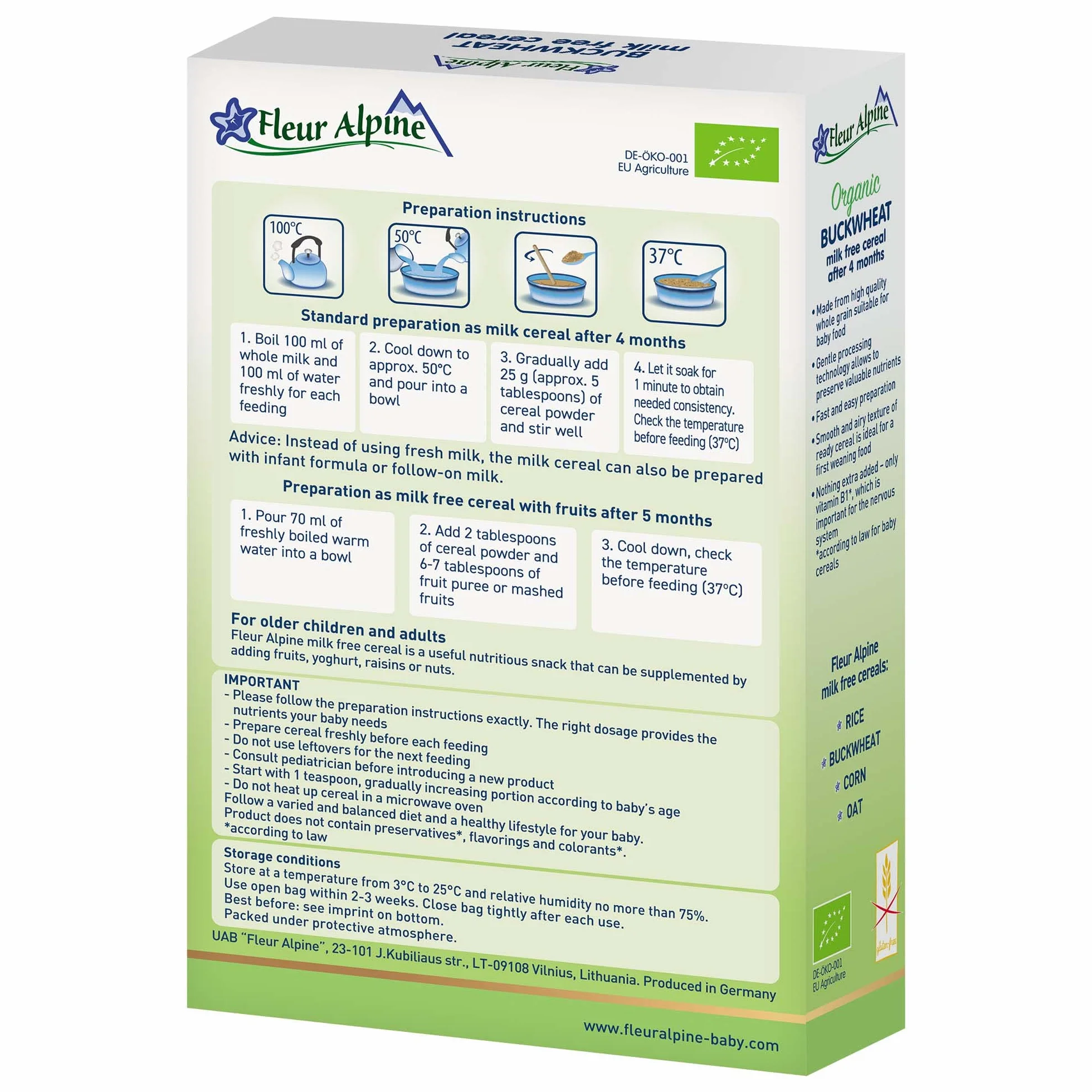 Zestaw 3 ekologicznych kaszek gryczanych dla noworodków FLEUR ALPINE – pyszny kleik dla niemowlaka | Pożywna i błyskawiczna kaszka bezglutenowa bez dodatku cukru dla dzieci od 4. miesiąca| 3x7 porcji