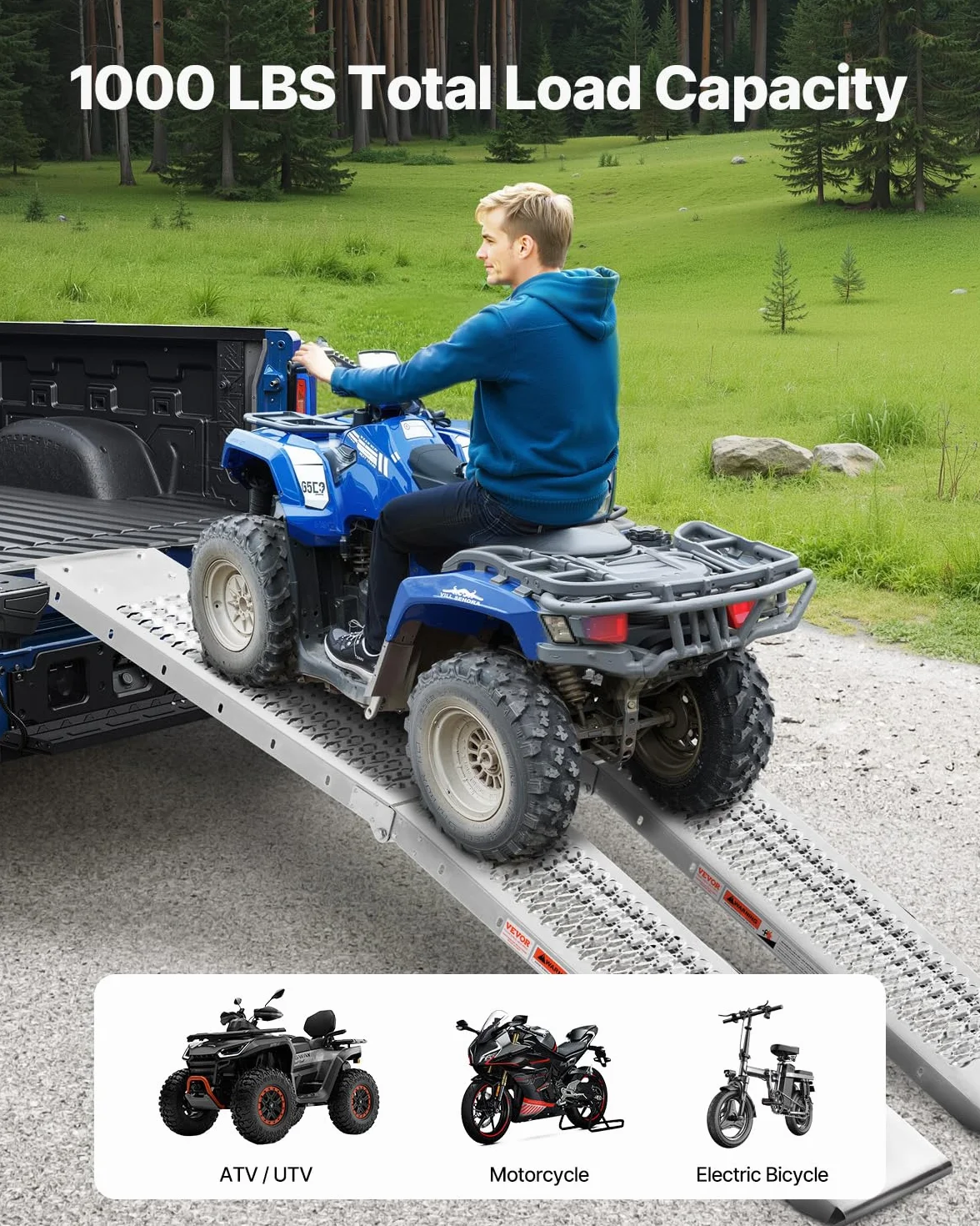 VEVOR 453 kg, 2 szt. wytrzymała szersza powierzchnia, uniwersalna stabilna rampa załadunkowa z uchwytami, pasuje do ATV, UTV, motocykla, roweru elektrycznego itp., srebrna, 1930 x 250 x 60 mm
