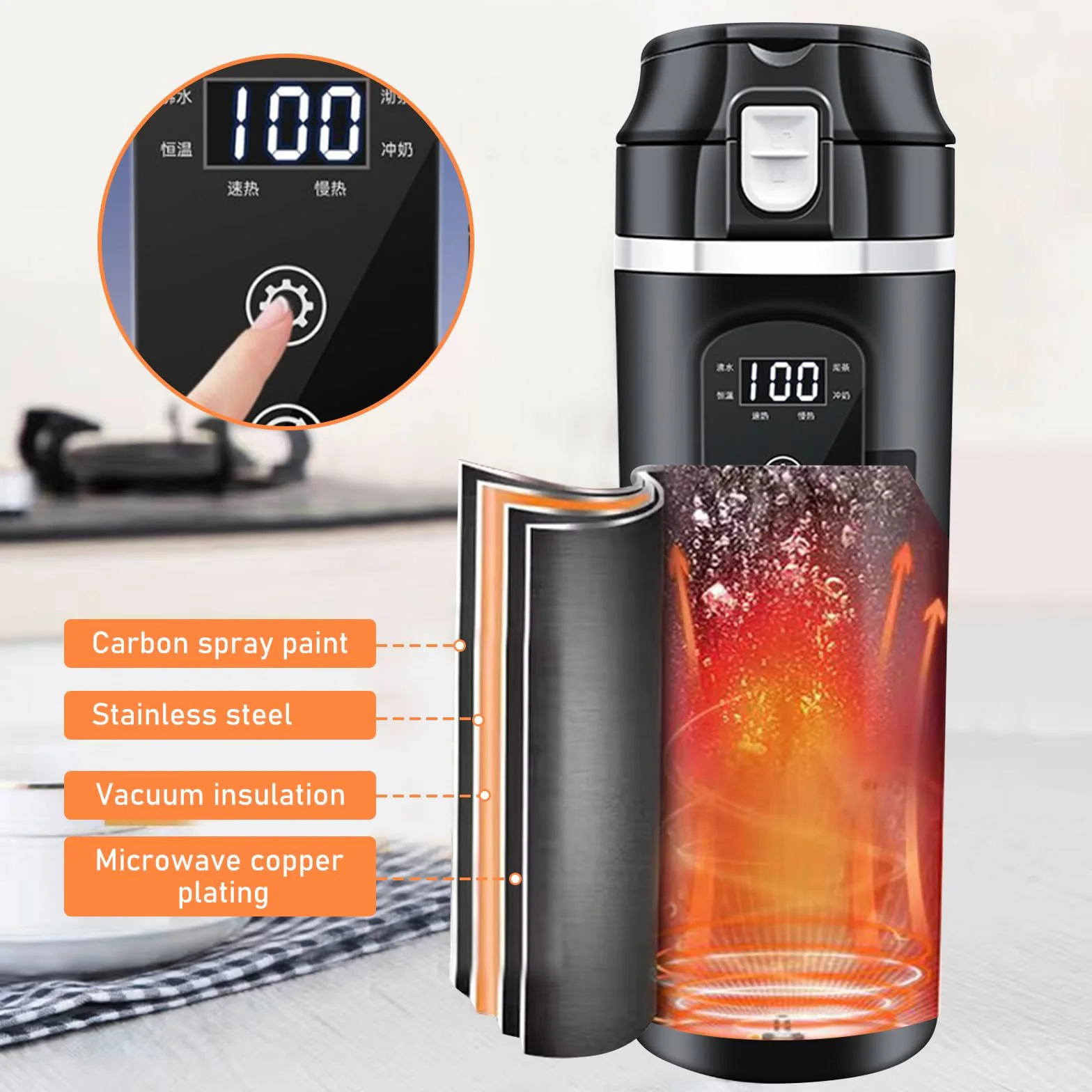 PORFOYO Czajnik elektryczny do samochodu, kubeczek podróżny 24 V/12 V, 500 ml, czarny, stal nierdzewna, z wyświetlaczem, do podróży samochodowych