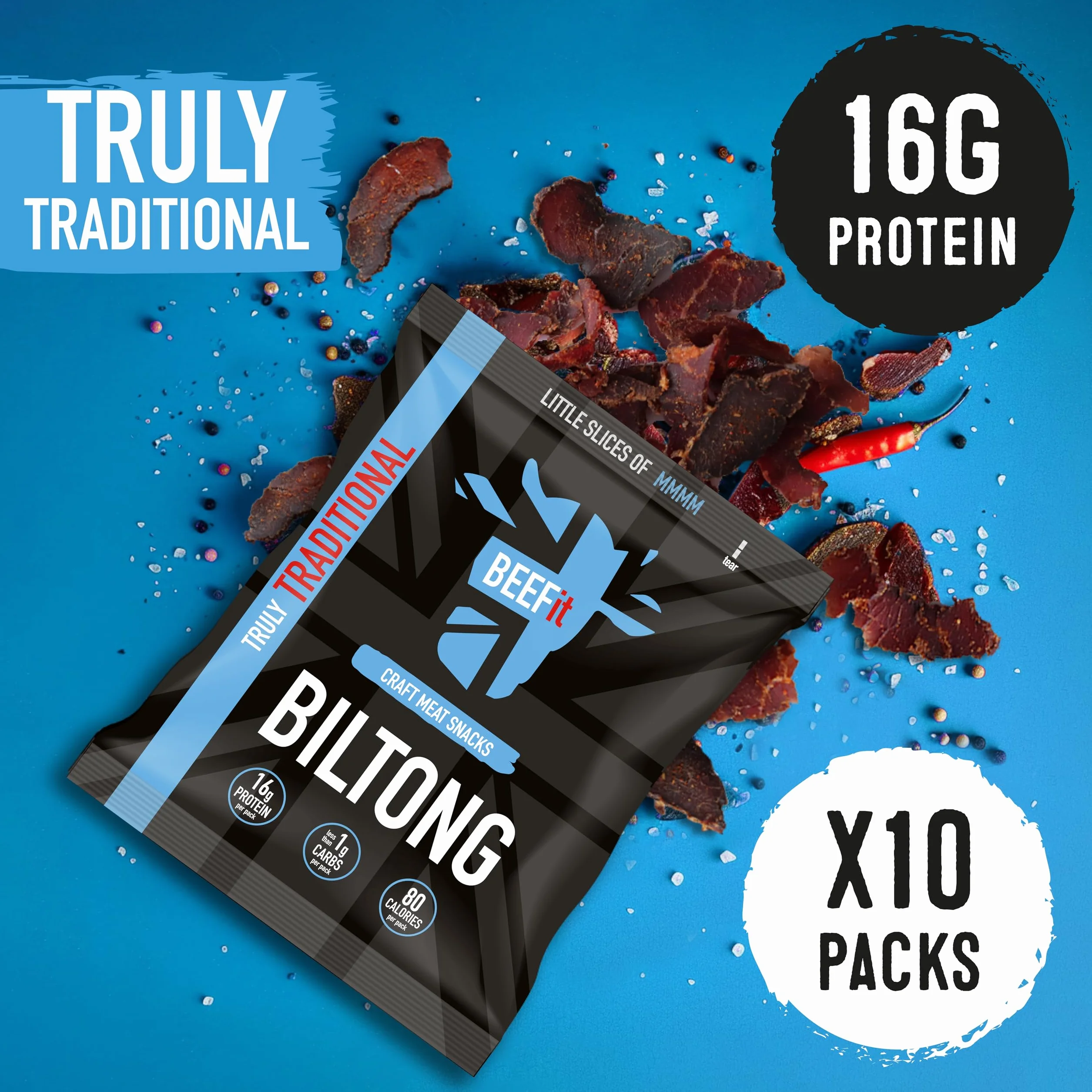 BEEFit Biltong Beef Jerky, przekąska proteinowa, niskowęglowodanowe, niskokaloryczne przekąski, 100% wołowina, biltong bezglutenowy, zdrowa przekąska keto w podróży – tradycyjna suszona mięso, duże