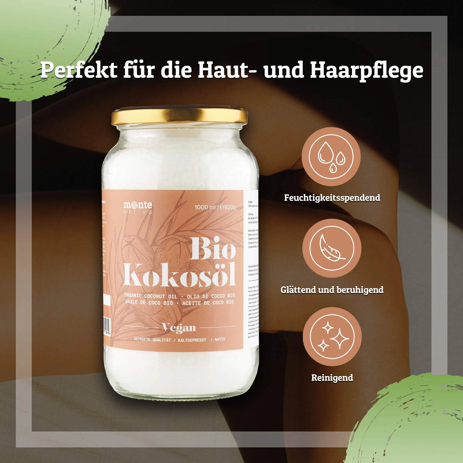 Organiczny olej kokosowy Monte Nativo - 1000ml (1 litr) - Premium, 100% naturalny, z pierwszego tłoczenia na zimno, wysoka jakość żywności surowej - do gotowania, smażenia i pieczenia, do pielęgnacji skóry i włosów