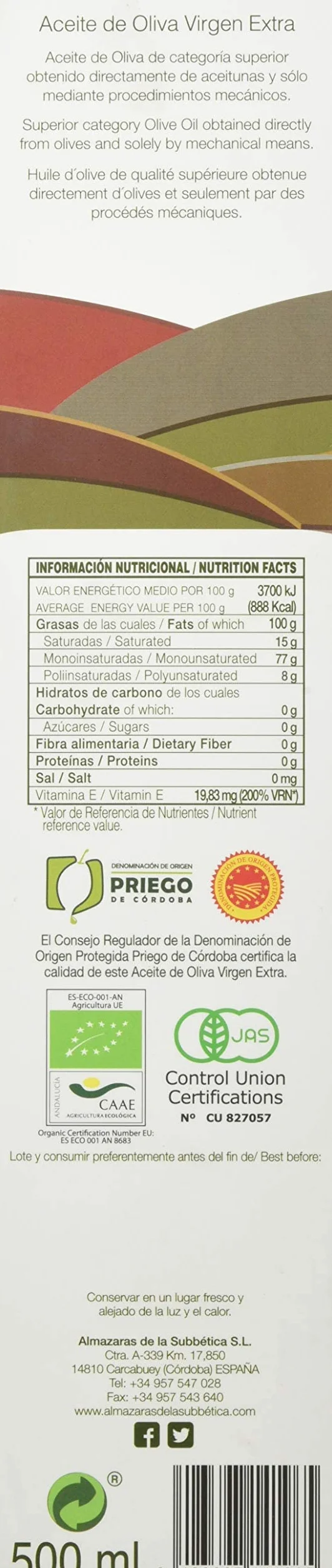 Rincon De La Subbetica bio oliwa z oliwek AOC – zwycięzca Mistrzostw Świata 2012, 2015, 2016 WBOO – 500 ml