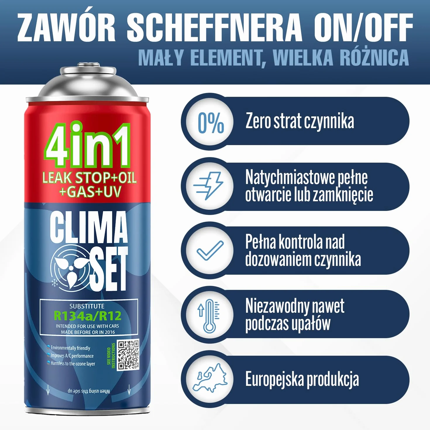 CLIMASET Zamiennik czynnika chłodniczego R134a 4in1 do samochodów 1994-2016 z przewodem i lampą UV