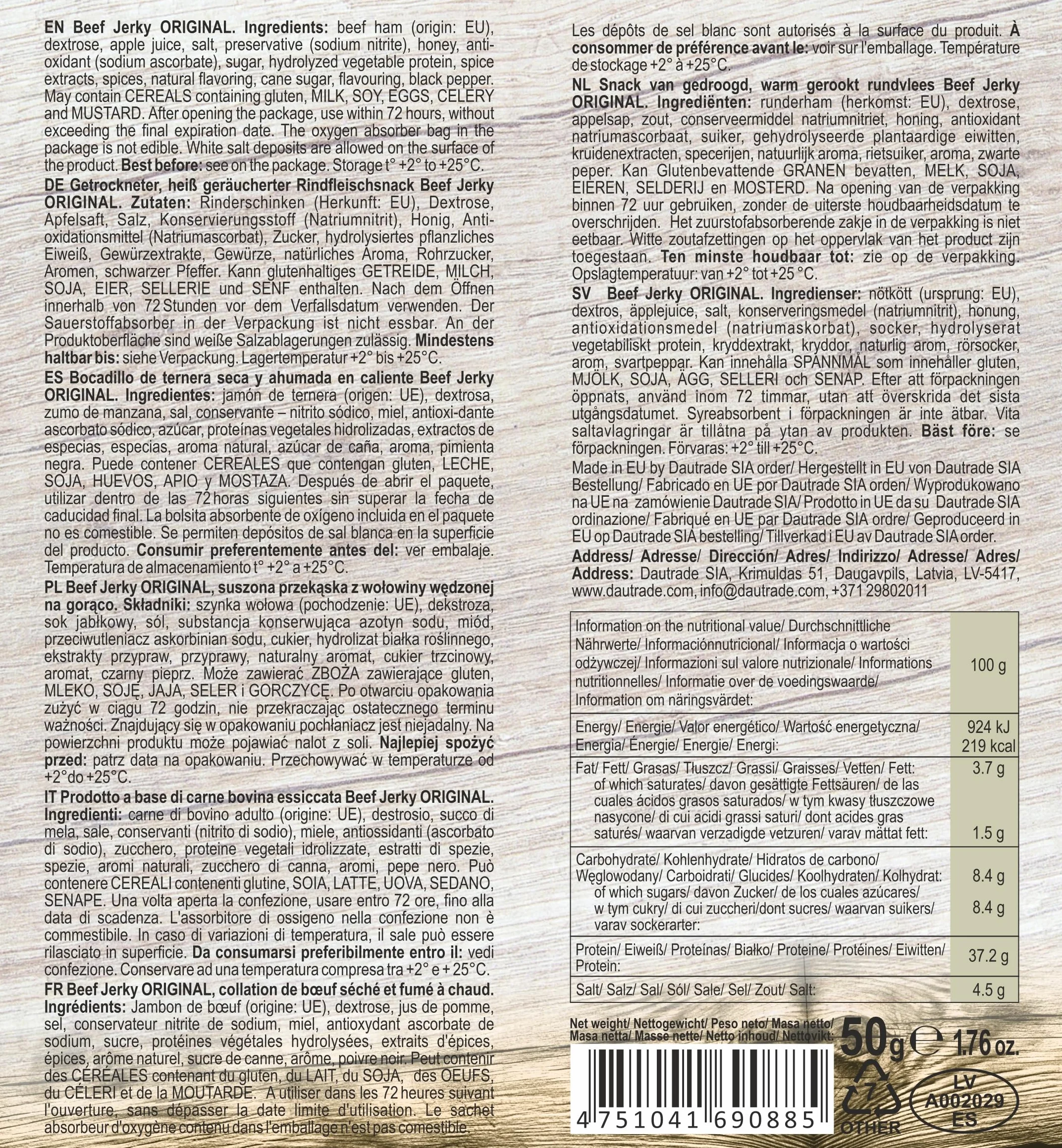 Viking Bites Beef Jerky Mixed box - 400 g (8 x 50 g) – mieszanka suszonej wołowiny, pudełko - 2x Oryginalna, 2x Jalapeno, 2x Barbecue, 2x Teriyaki – Przekąska mięsna o wysokiej zawartości białka