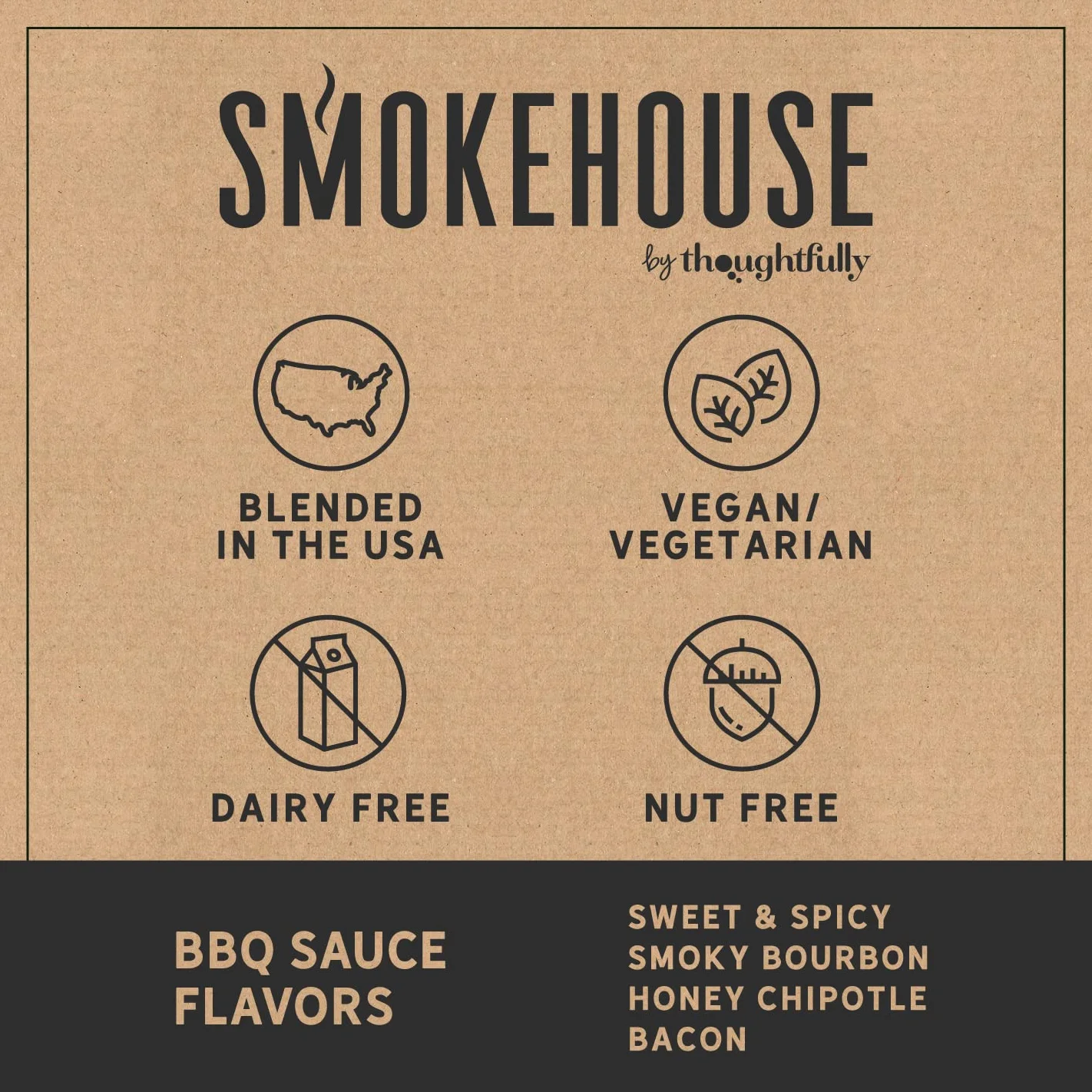 Smokehouse by Thoughtfully, zestaw próbek sosów BBQ Smokehouse Gourmet, smaki obejmują chipotle miodu, wędzony burbon, słodki i pikantny i sos BBQ z boczkiem, 4 sztuki