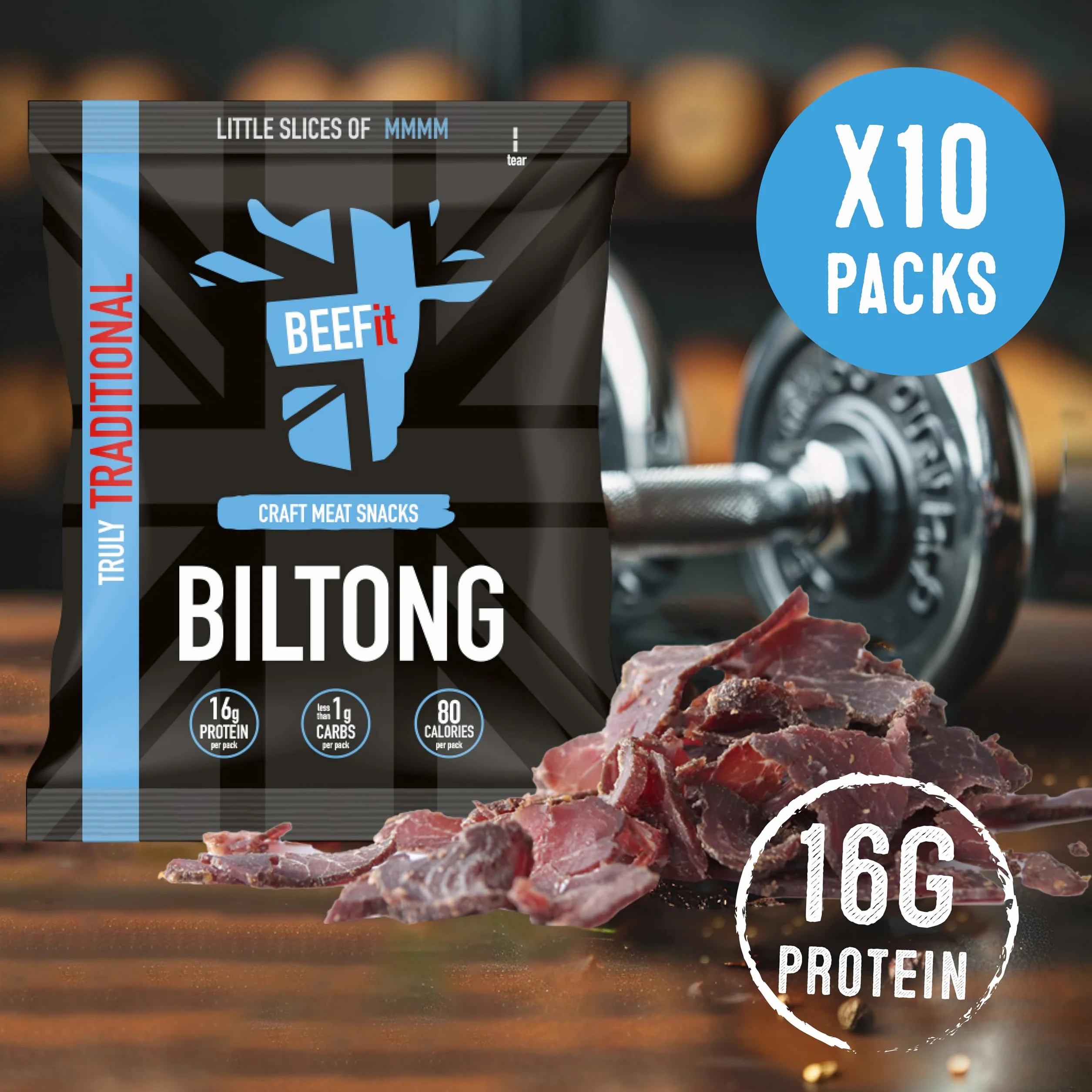 BEEFit Biltong Beef Jerky, przekąska proteinowa, niskowęglowodanowe, niskokaloryczne przekąski, 100% wołowina, biltong bezglutenowy, zdrowa przekąska keto w podróży – tradycyjna suszona mięso, duże