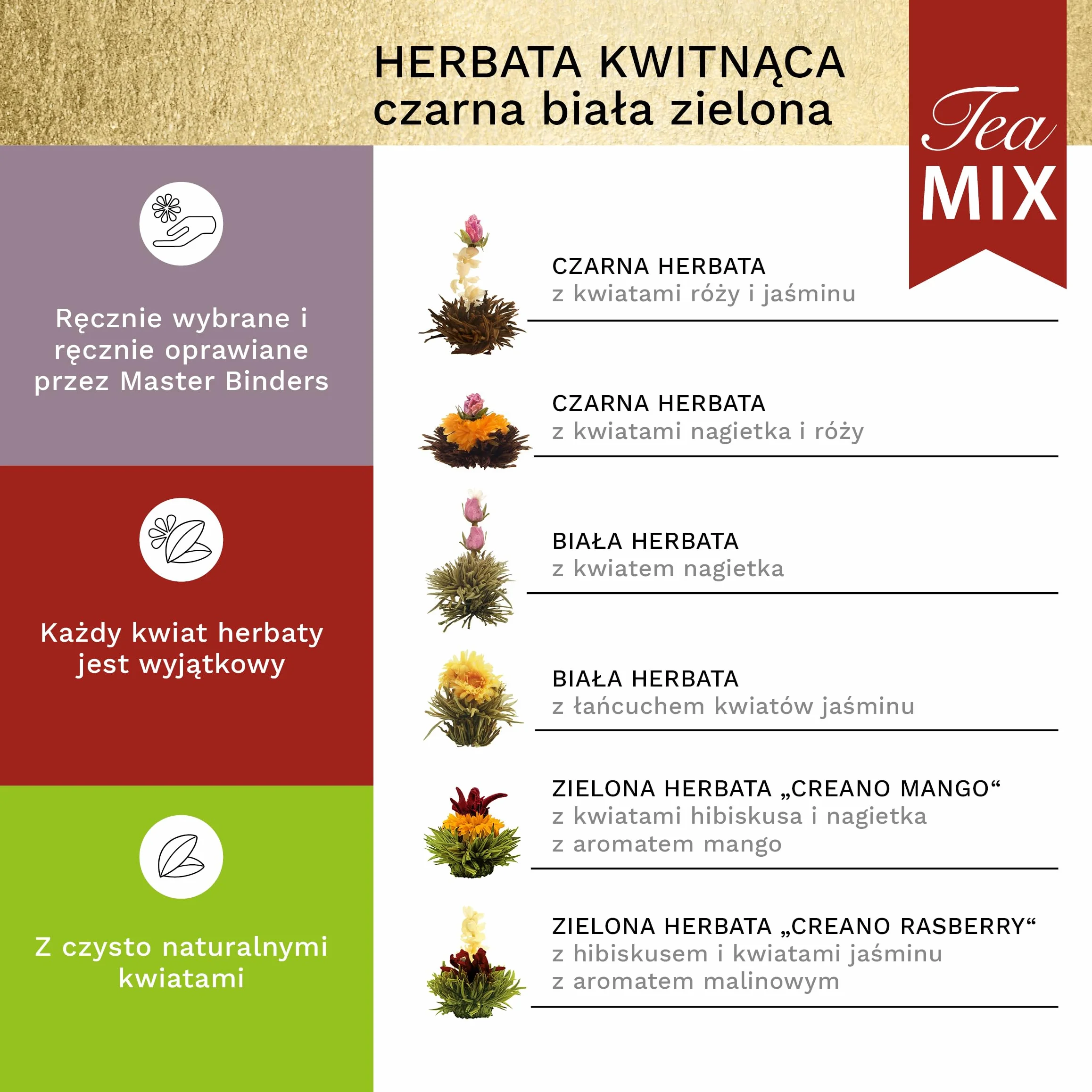 Zestaw upominkowy Creano Flowering Tea Mix – Złoty, Herbata Kwitnąca w Szklanym Imbryku, Biała, Zielona i Czarna Herbata w 6 Odmianach, Prezent dla Kobiety, 7 Sztuk