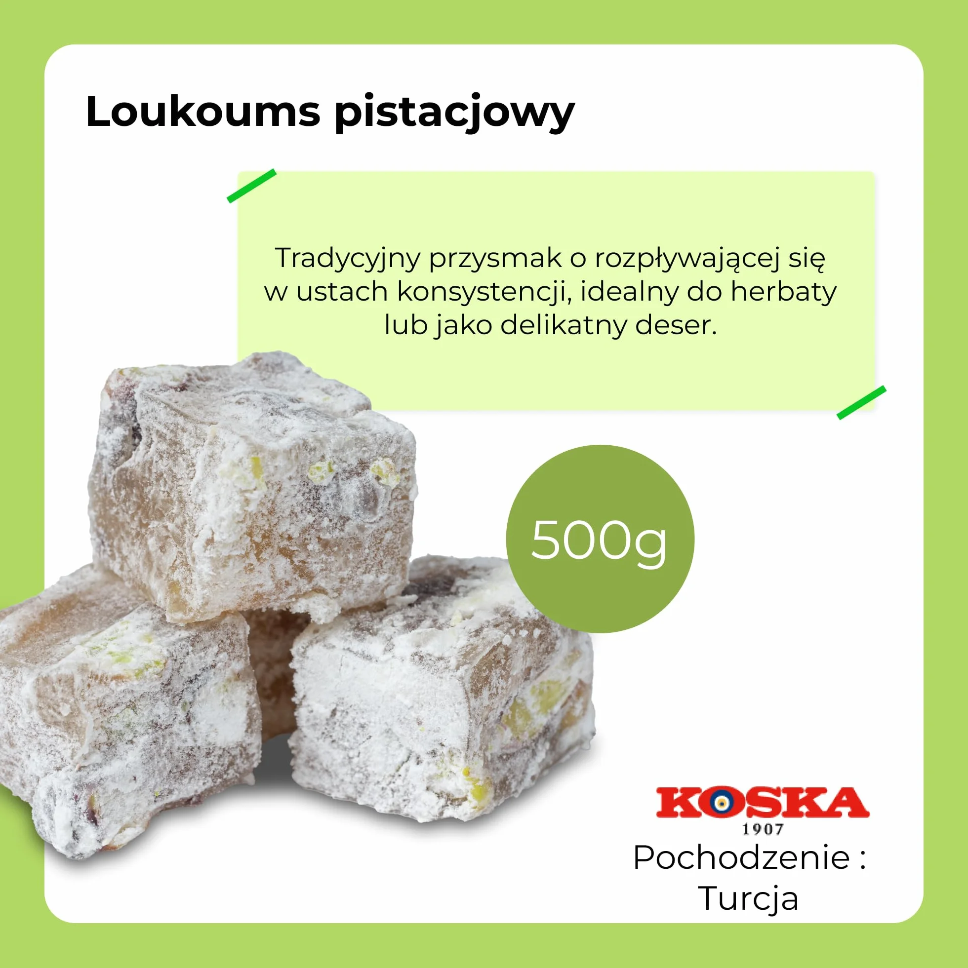 Lokum PISTAZIE 500 g turecki miód słodycze Turkish Delight Ekstra Fistikli Lokum