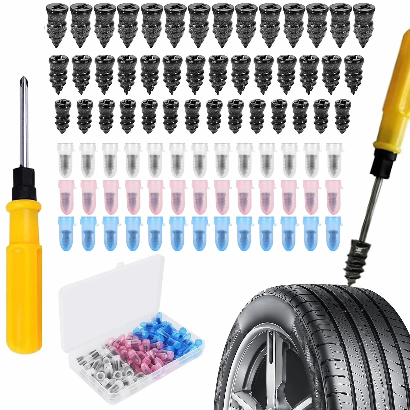 100 sztuk próżniowych gwoździ do naprawy opon, zestaw do naprawy opon ze śrubokrętem, do naprawy opon bez dętki, zestaw naprawczy do samochodu, motocykla, roweru (3 rozmiary)