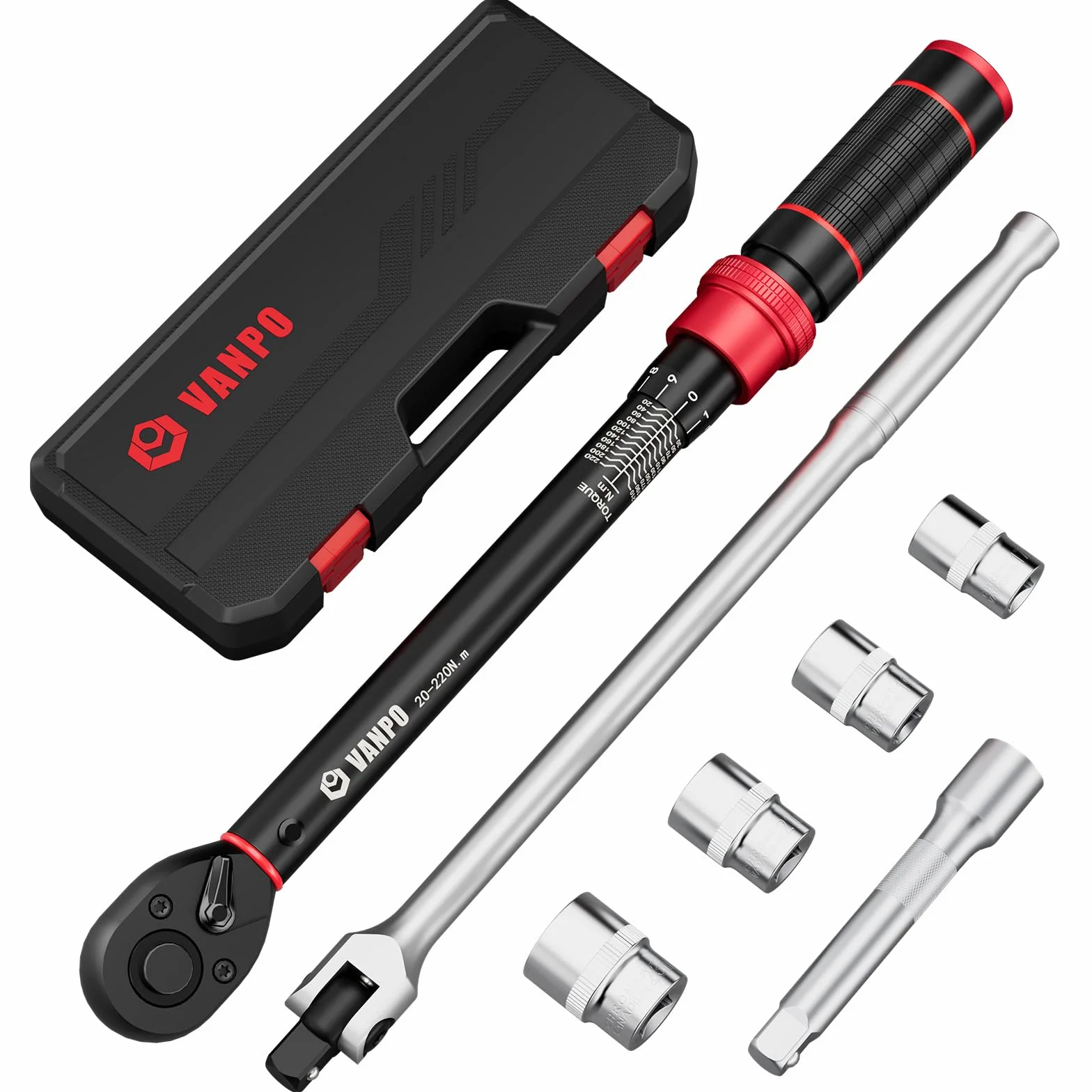 VANPO Klucz dynamometryczny 1/2" 20-220 Nm 7-częściowy zestaw