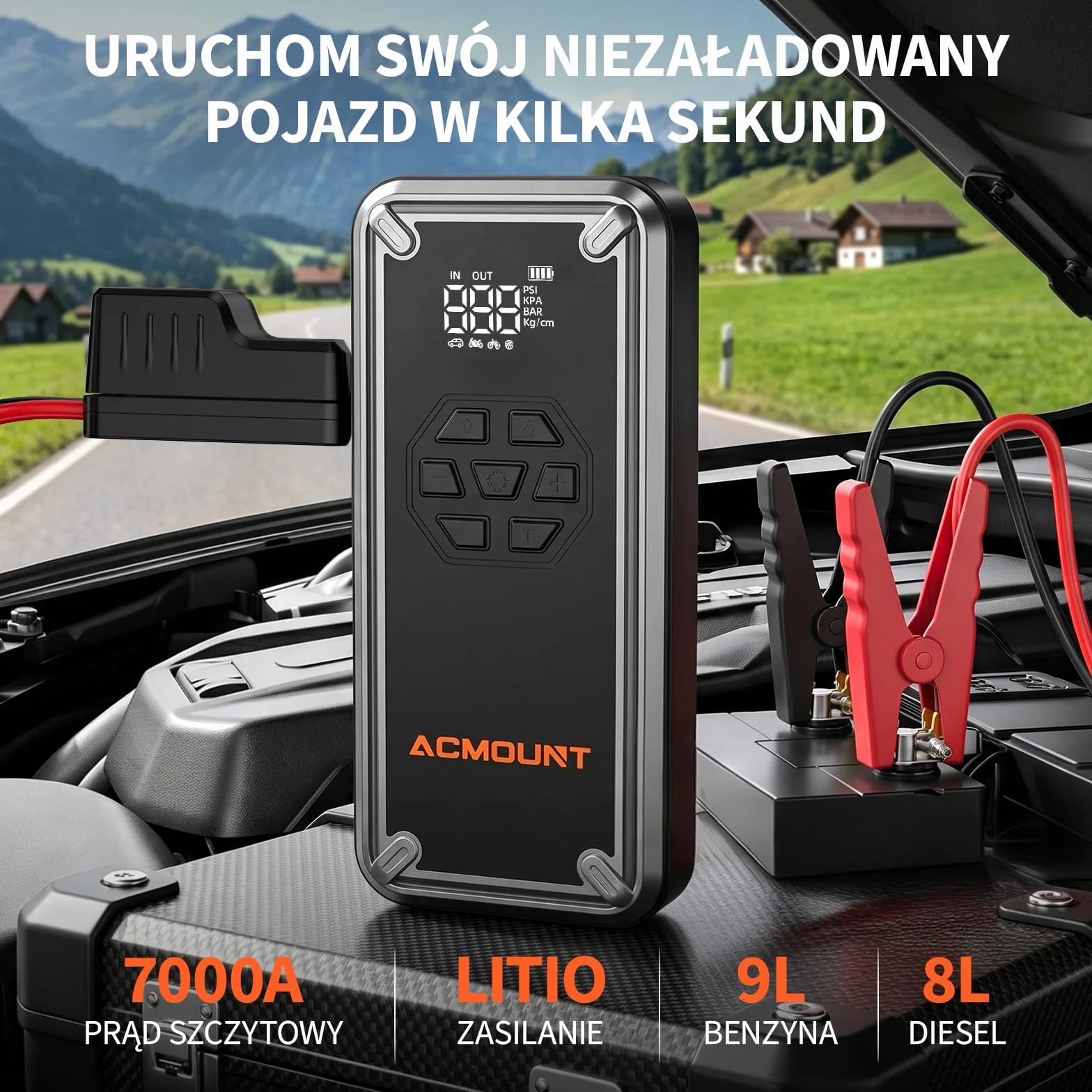 ACMOUNT Booster rozrusznik samochodowy 7000 A, 23800 mAh 150 PSI rozrusznik akumulatora samochodowego ze sprężarką, przenośny start akumulatora 12 V do szybkiego ładowania 18 W, LED i LCD do benzyny