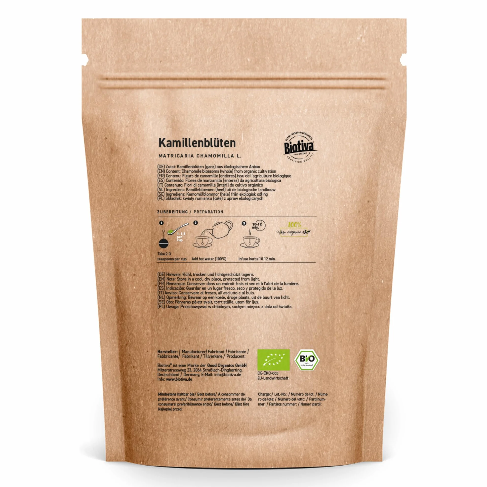 Biotiva Kwiaty Rumianku Herbata Bio 250g - Uprawa UE - Najwyższej jakości ekologiczne kwiaty rumianku - Herbata rumiankowa - Rozlewana i kontrolowana w Niemczech (DE-ÖKO-005)