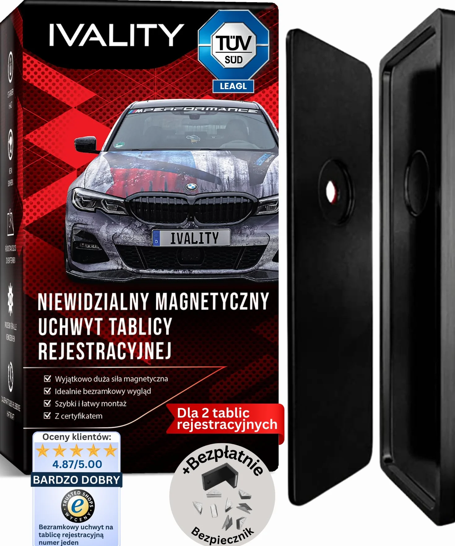 Ivality Bezramkowy Magnetyczny Uchwyt Tablicy Rejestracyjnej dla 2 Tablicy, Niewidoczny Uchwyt do Samochodu, Uchwyt Tablicy Wymiennej Austria, Zatwierdzony do Użytku Drogowego, TÜV 350 km/h