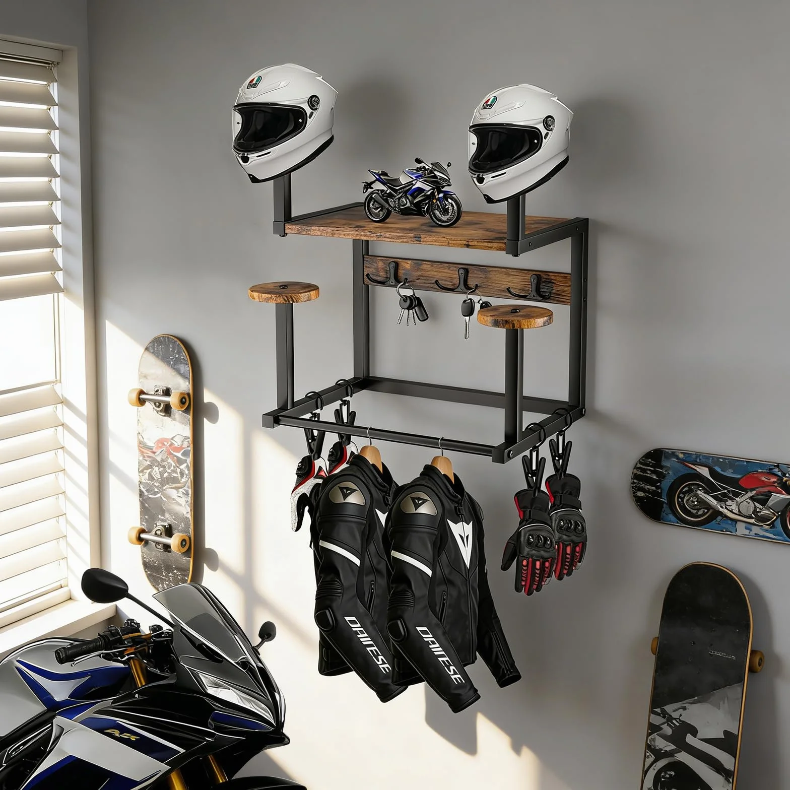 Uchwyt na kask, uchwyt ścienny, stojak na kask motocyklowy, stojak na płytę, organizer z 1 drewnianą deską, 4 stojakami na kask i hakami do motocykla, piłki nożnej, sprzętu rowerowego