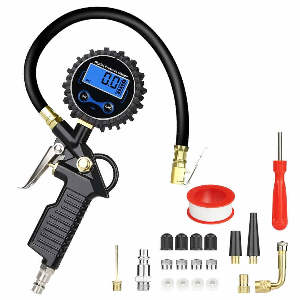Cyfrowy miernik ciśnienia w oponach URAQT, manometr do opon 220 PSI z wyświetlaczem LCD, pompka do opon o dużej wytrzymałości, narzędzie pneumatyczne z wężem gumowym i szybkozłączem, uchwyt powietrza