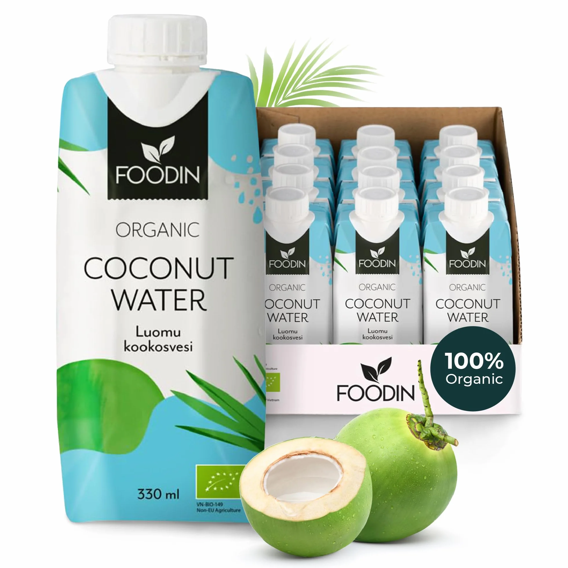 Foodin Woda Kokosowa Organiczna, Naturalnie Nawilżająca z Elektrolitami, Bez Tłuszczu, Bez Glutenu, Bez GMO, Niskokaloryczna - Kojący Gaszenie Pragnienia - Opakowanie 12 sztuk (12x330ml)
