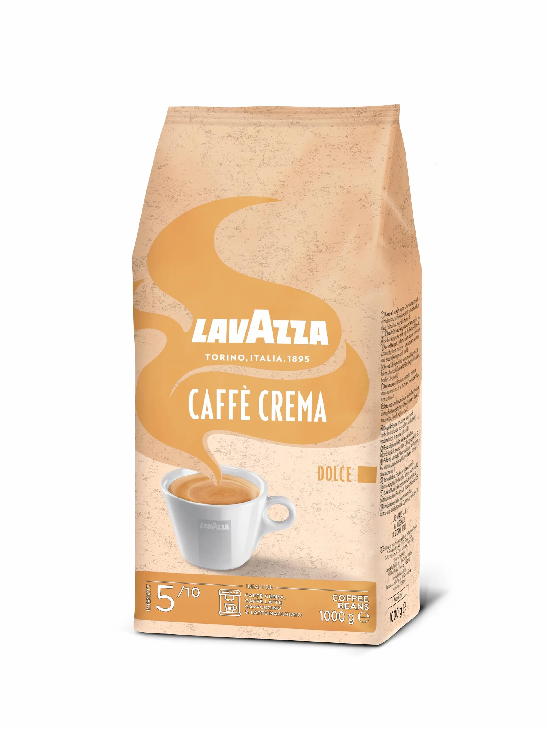 Kawa ziarnista Lavazza Crema Dolce 1kg, 80% Arabika, 20% Robusta, Średnio palona, Średnia zawartość kofeiny