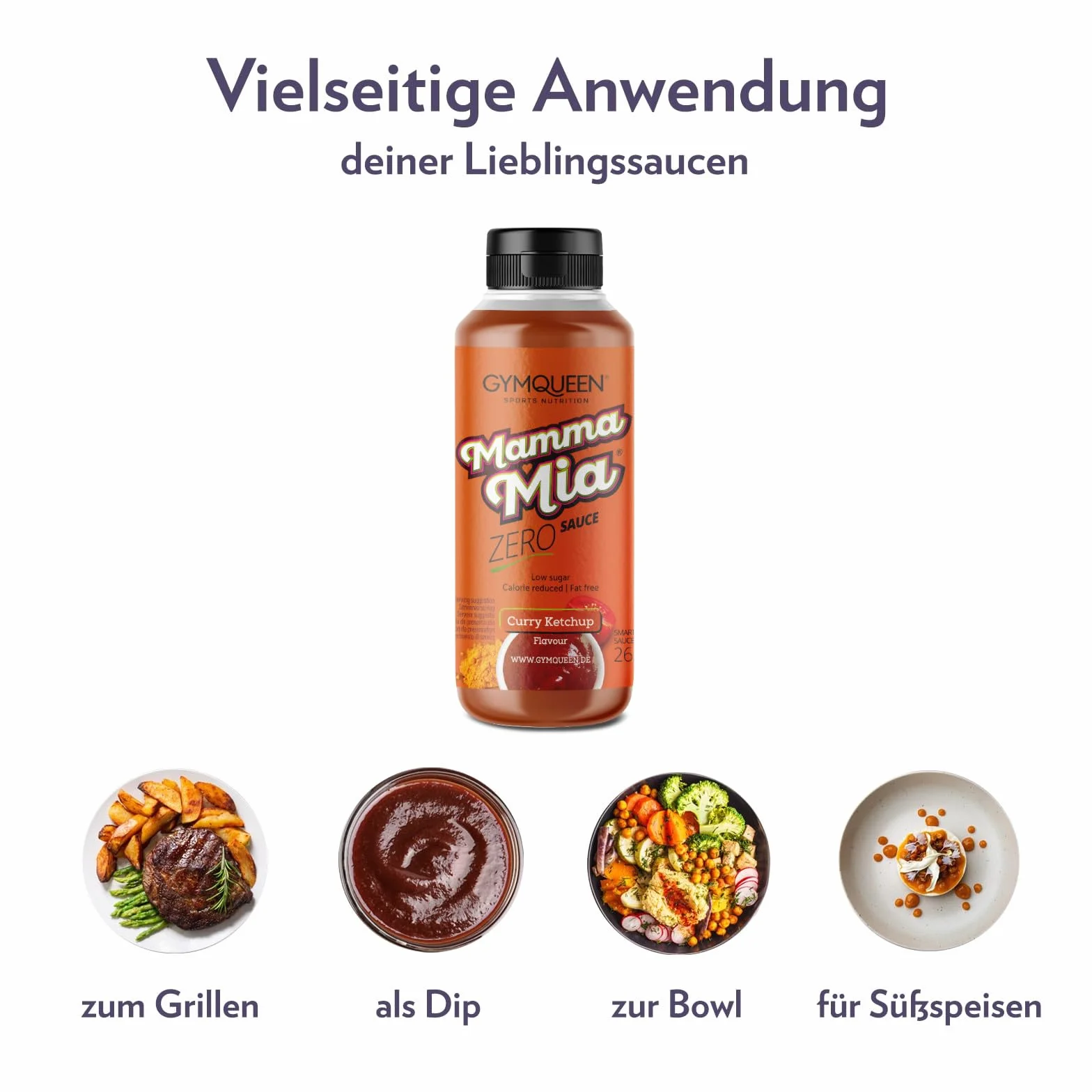 GymQueen Mamma Mia Zero Sauce Ketchup curry o niskiej zawartości kalorii, bez tłuszczu i cukru 265 ml