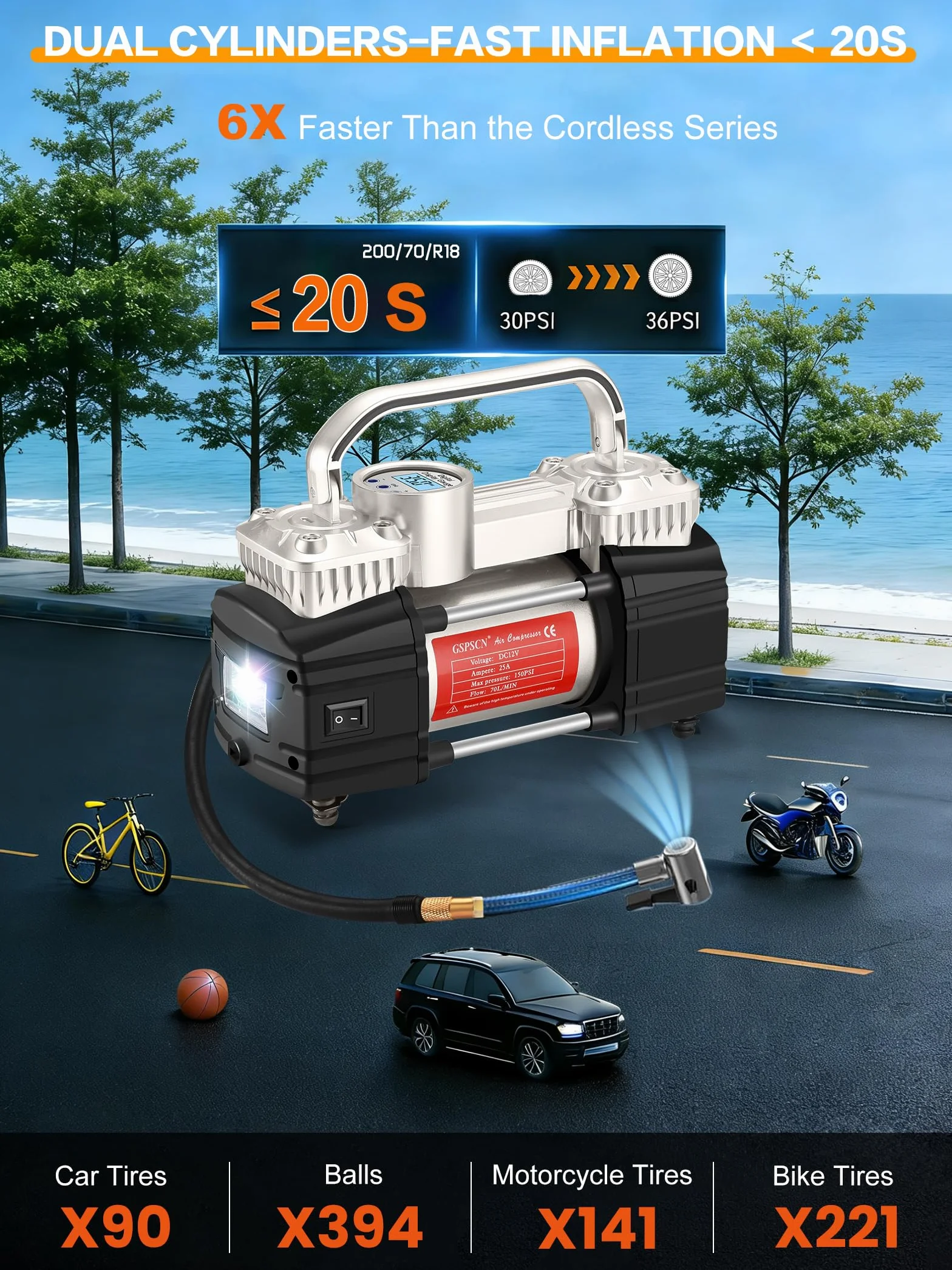 GSPSCN Przenośny cyfrowy pompka do opon samochodowych z manometrem 150 Psi, automatyczne wyłączanie, wytrzymałe, podwójne cylindry, pompa sprężarki powietrza 12 V ze światłem LED, do samochodów