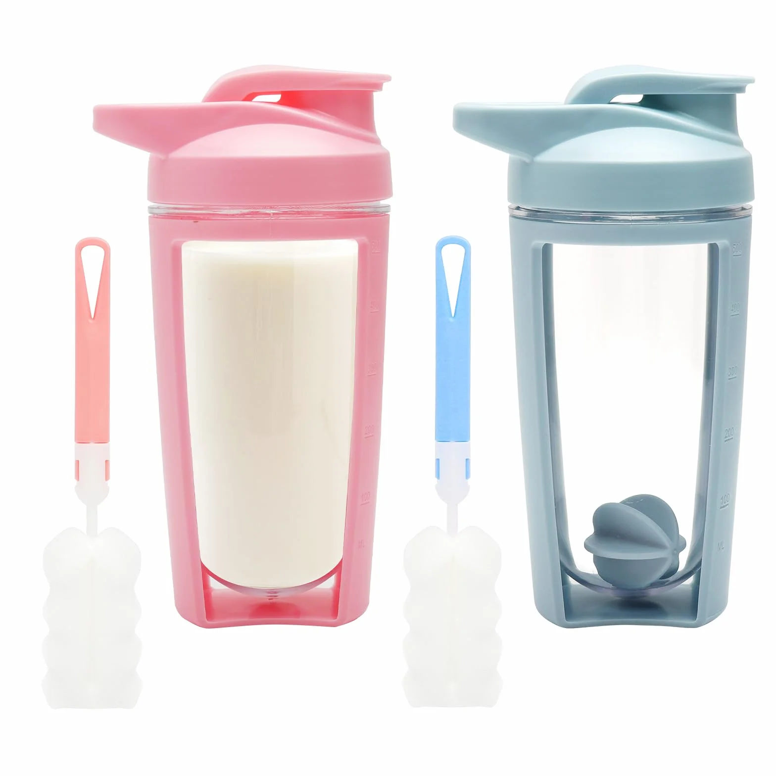 Zestaw 2 shakerów proteinowych z piłką do miksowania, bez BPA, dwuwarstwowy kubek do shake'a, 500 ml, ze skalą i pokrywką, szczelna, sportowa butelka do fitnessu, diety, dla mężczyzn i kobiet