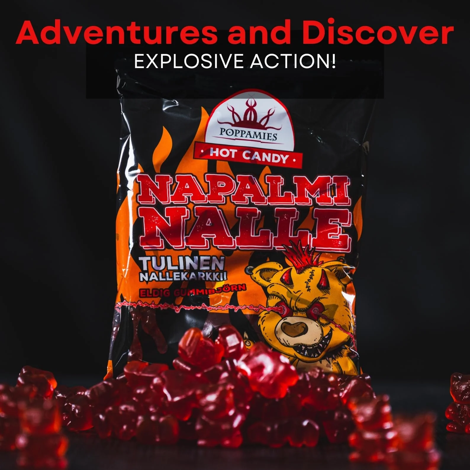 Poppamies Pikantne Żelki Poppamies NapalmiNalle Chili Fruit Gums - Bezglutenowe, Bezlaktozowe, Wegańskie - Nie dla dzieci ani na Halloweenowy Żart - Pikantność: 4/10 - Waga: 125g