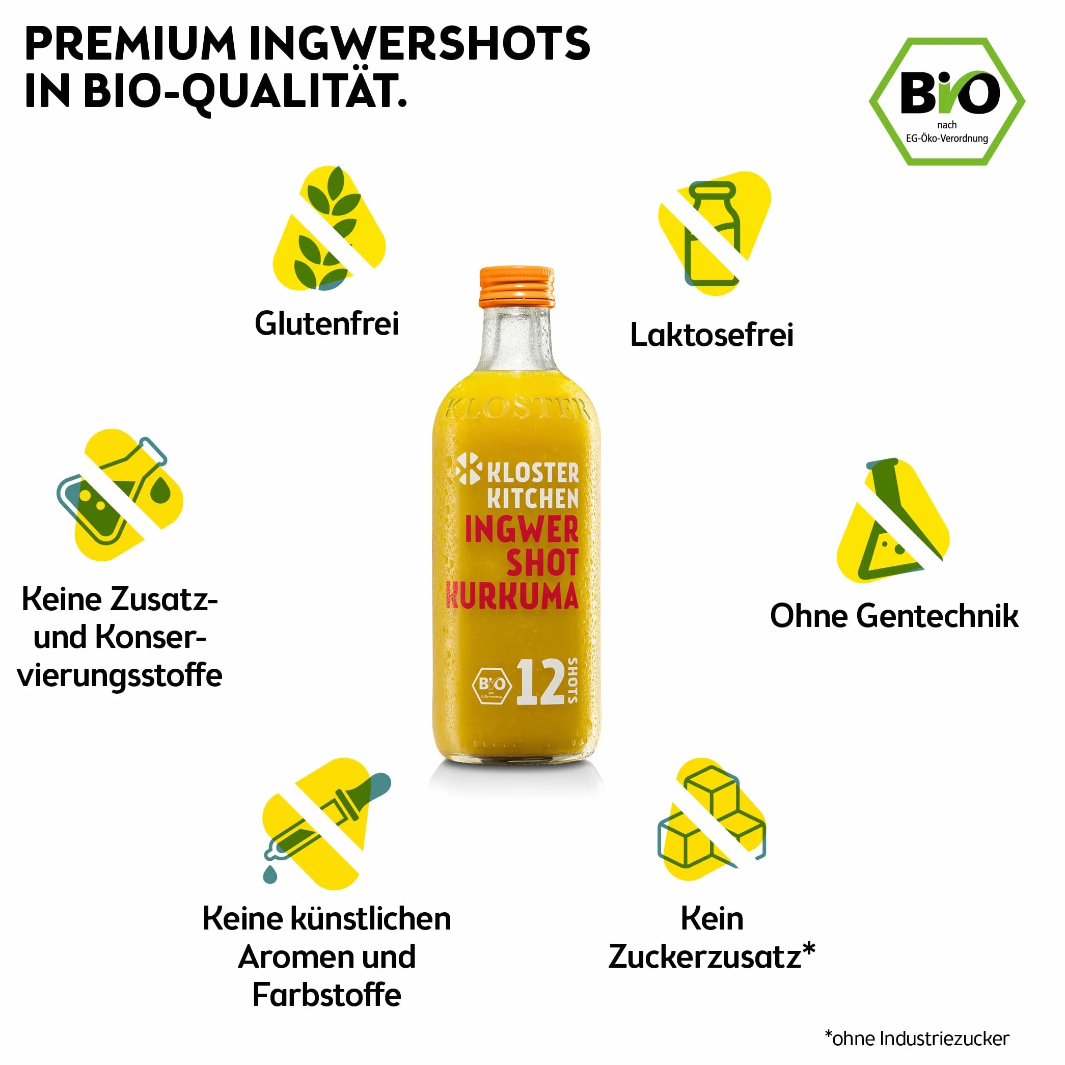 Kloster Kitchen Bio imbir Shot Kurkuma 6 x 360 ml z prawdziwymi kawałkami imbiru, szotki imbiru z kurkumą w szklanej butelce