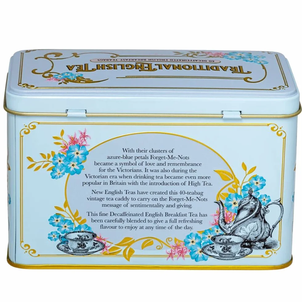 New English Teas Vintage wiktoriański Power Blue pojemnik na herbatę z 40 bezkofeinowymi angielskimi herbatami śniadaniowymi