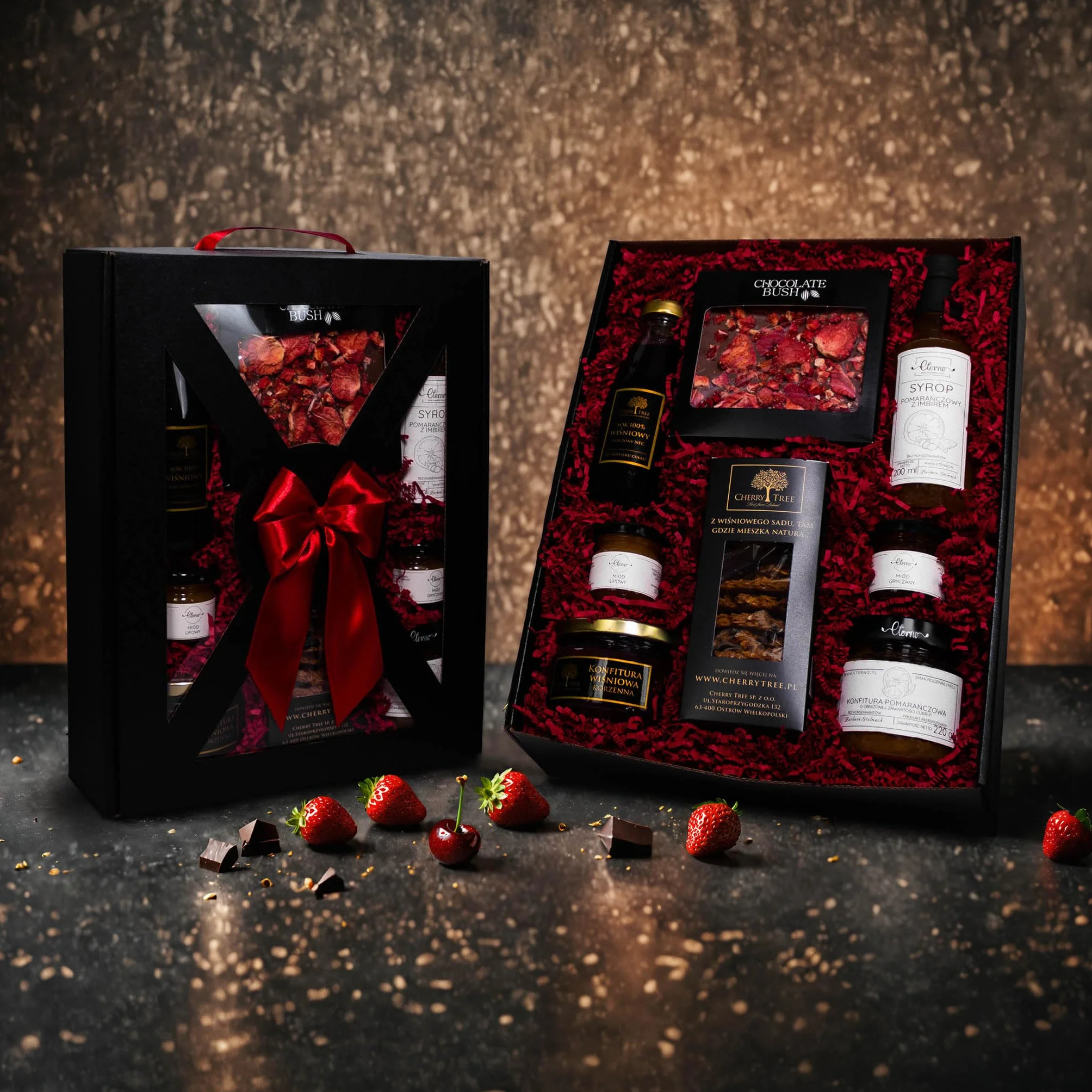 Ekskluzywny kosz prezentowy z rączką – zestaw delikatesowy ETERNO i CHERRY TREE z konfiturami, miodami, sokiem i słodyczami | elegancki upominek premium dla niej | idealny prezent biznesowy