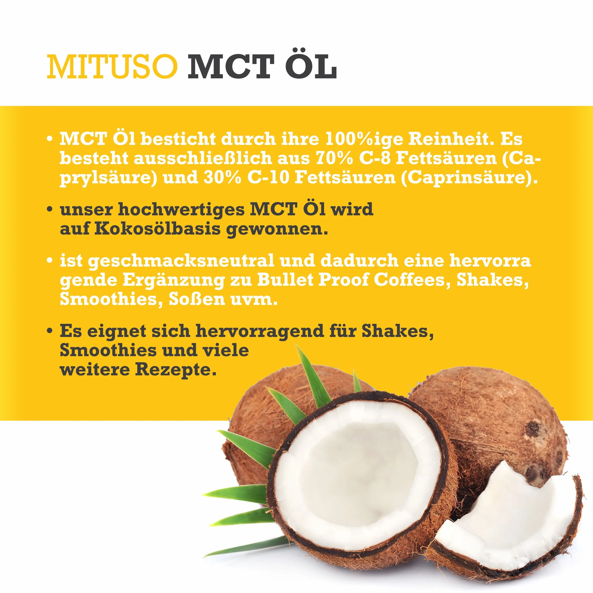 mituso MCT olej na bazie oleju kokosowego – 2 x 500 ml | 70% kwas kaprylowy (C8) i 30% kwas kaprynowy (C10) kwasy tłuszczowe | 100% czysty olejek MCT bez smaku – bez cukru, bez GMO