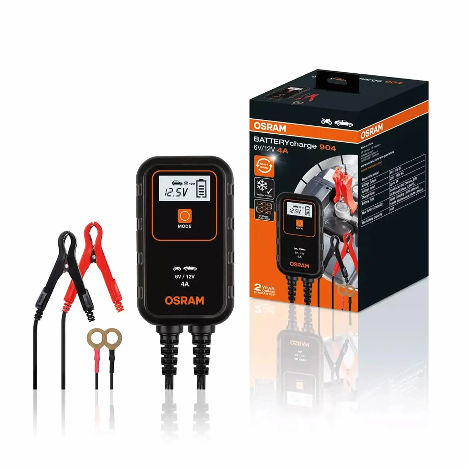 OSRAM BATTERYcharge 904, urządzenie do konserwacji akumulatorów samochodowych 6V & 12V, przenośna ładowarka do motocykli i mniejszych pojazdów