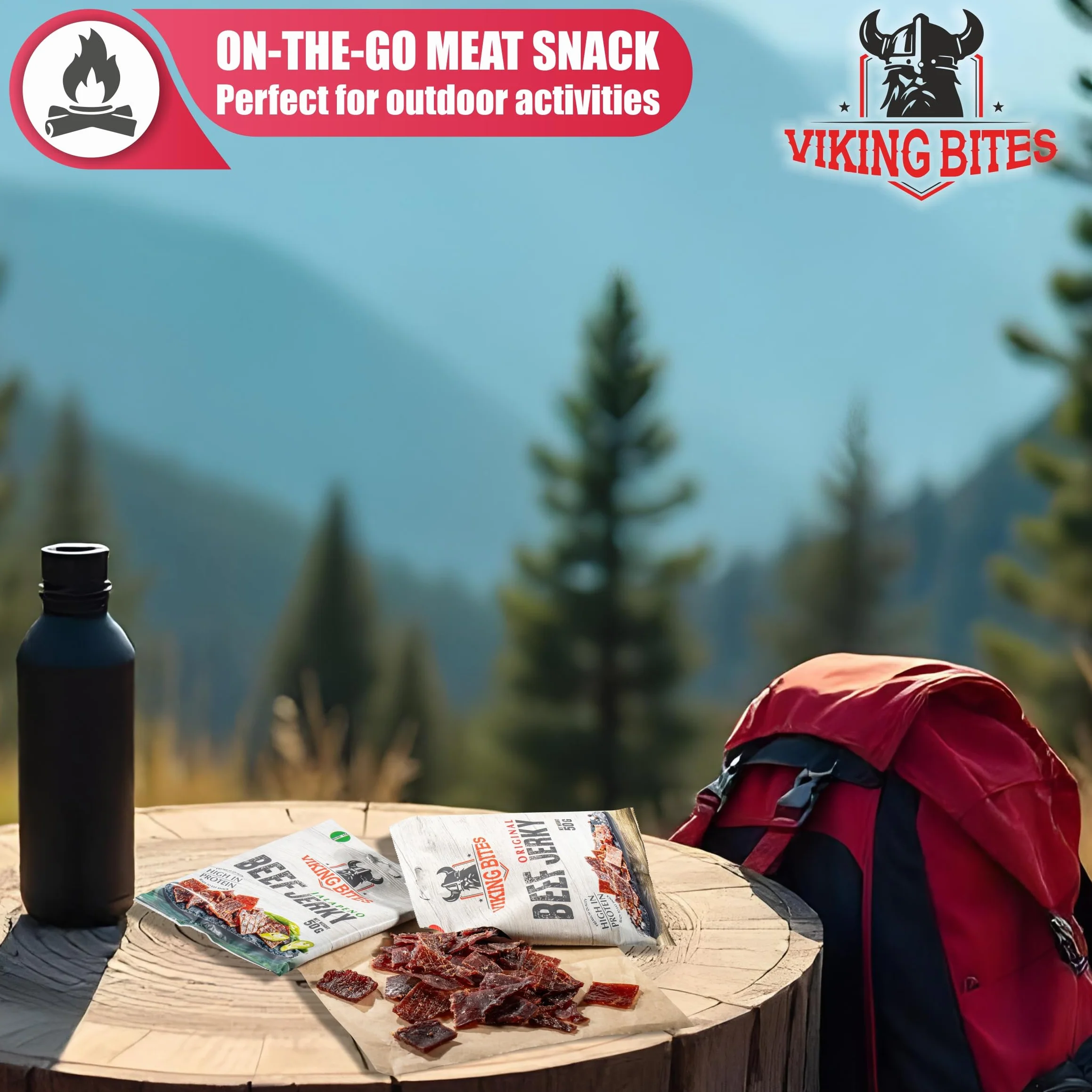 Viking Bites Beef Jerky Original 400 g (8 x 50 g) – Suszona wołowina Oryginalna – Przekąska mięsna o wysokiej zawartości białka