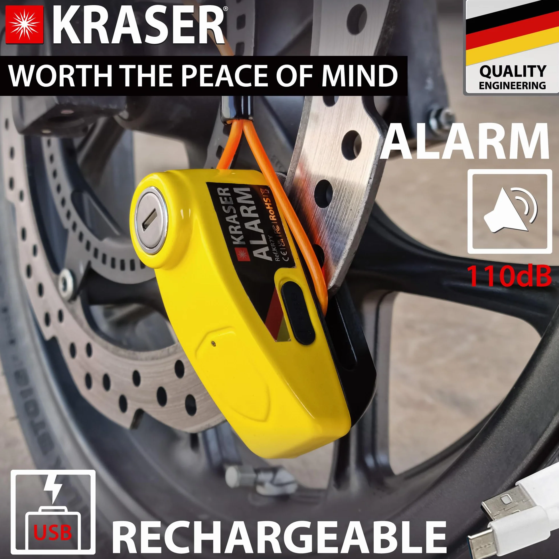 KRASER KR7Y Blokada Tarczy Alarmowej Akumulator, Zabezpieczenie przed Kradzieżą Hamulec Motocyklowy DiscLock, Kabel USB Ładowanie Baterii, Blokada Wciskana Pin ř7mm Bezpieczeństwo, Alarm 110 dB Skuter